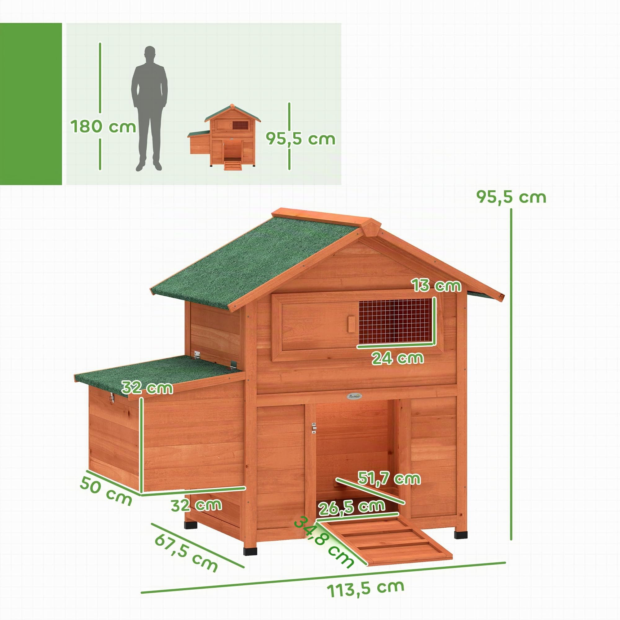 PawHut Hühnerstall Winterfest Nistkasten für 2 Hühner 113,5x67,5x95,5cm | Hühnerhaus Holz, 2 Sitzstangen, Rampe, Schiebefenster, Wasserdichtes Dach, Herausziehbares Tablett, für Enten Kaninchen
