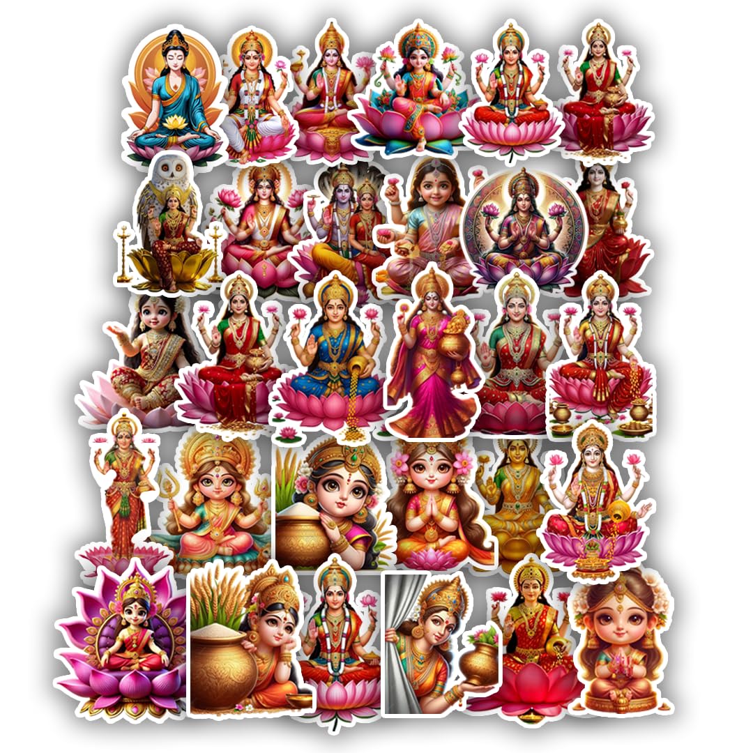 Laxmi Maa Vinyl Stickers Pack of 30 | Matte Waterproof Religious Decal for Laptop, Bike, Car, Notebook | 7x7 cm | Hindu God Lakshmi Ji Sticker for Diwali-image-2