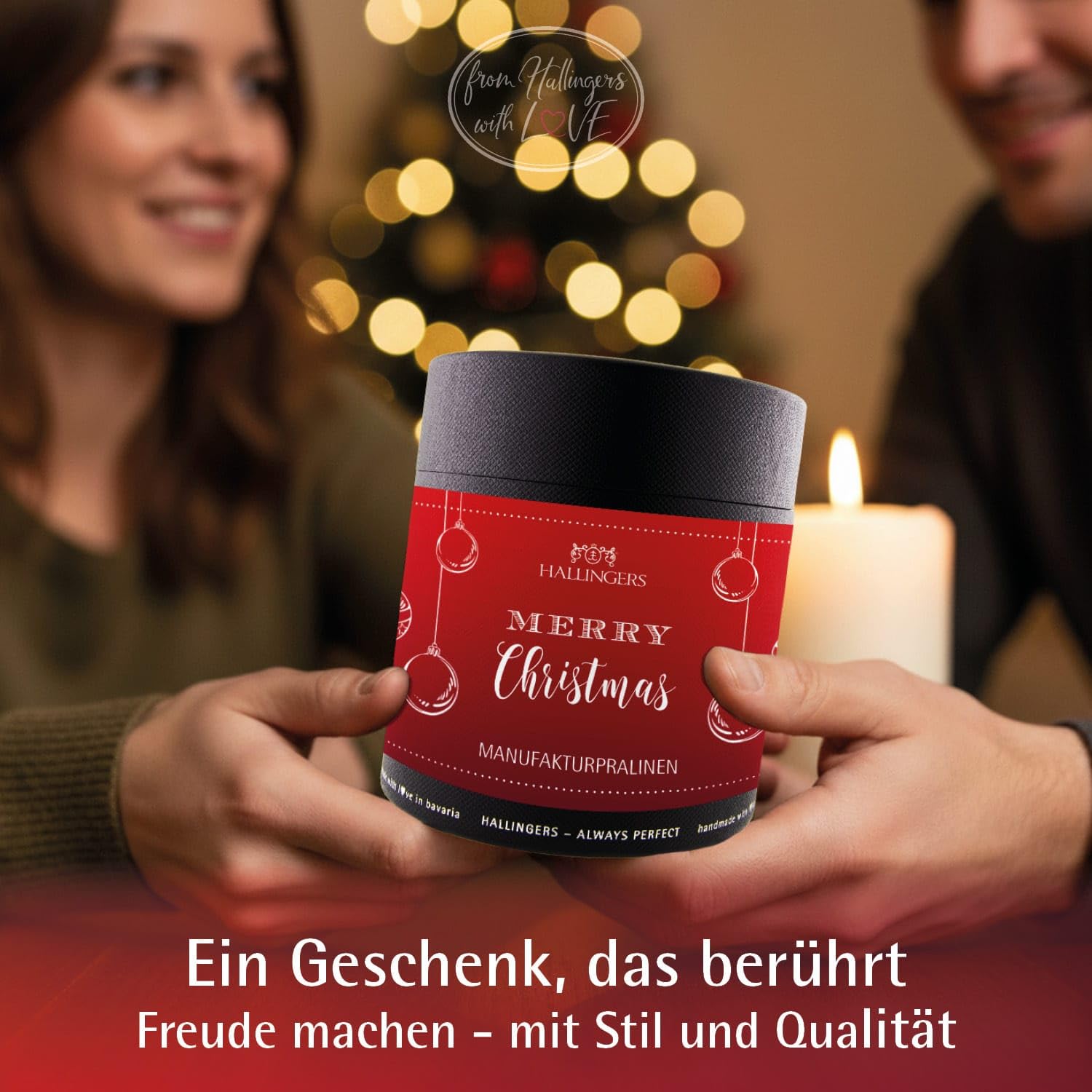 Hallingers Genuss Manufaktur Pralinen Weihnachts-Geschenk - ohne Alkohol, handmade aus Confiserie-Edelkakao in wertiger XXL-Geschenkdose "Merry Christmas", Weihnachten für Frauen Männer