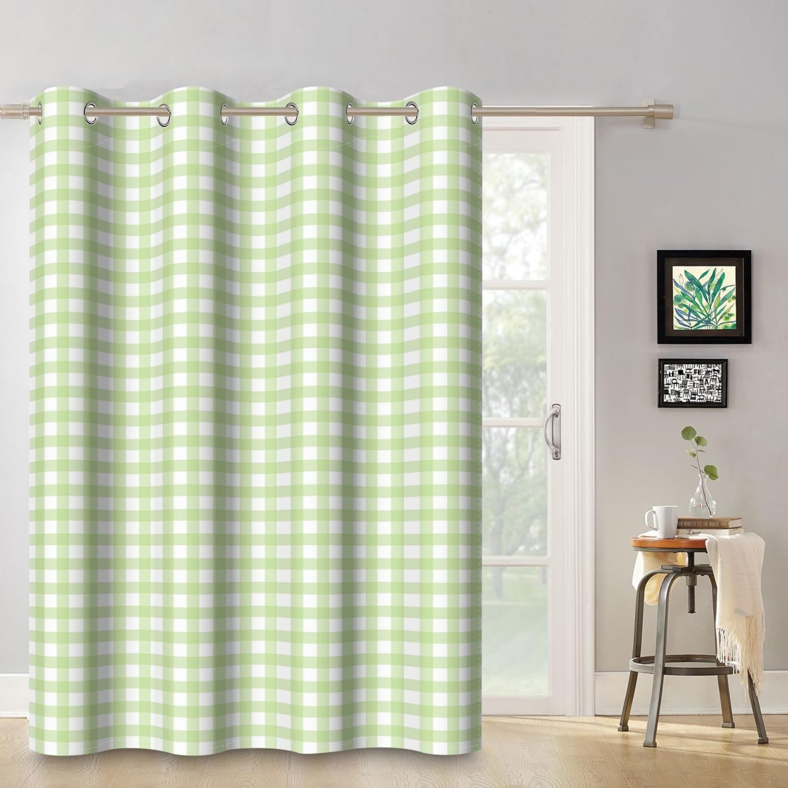 ggaimwf 132x214cm Plaid Eyelet Curtain Buffalo Check Light Green and White Gingham Squares Pattern Modern Farmhouse Thermal Grommet Blackout Window Drapes for Bedroom Living Room 1 Single Panel - Image 4