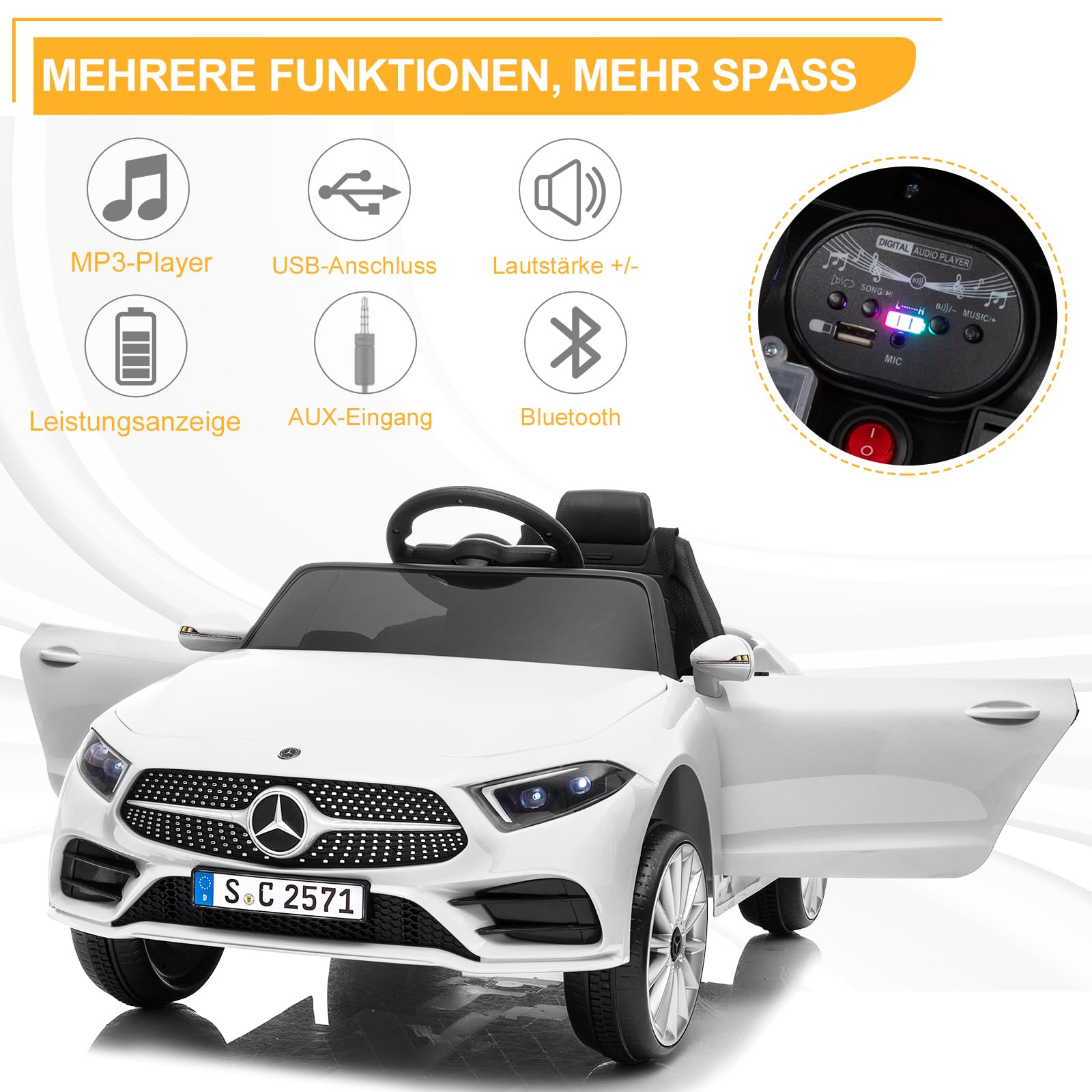 LALAHO Mercedes-Benz - Auto elettrica per bambini, 12 V, colore bianco | Telecomando 2,4 G, lettore MP3, luci LED e clacson, auto giocattolo elettrica per bambini