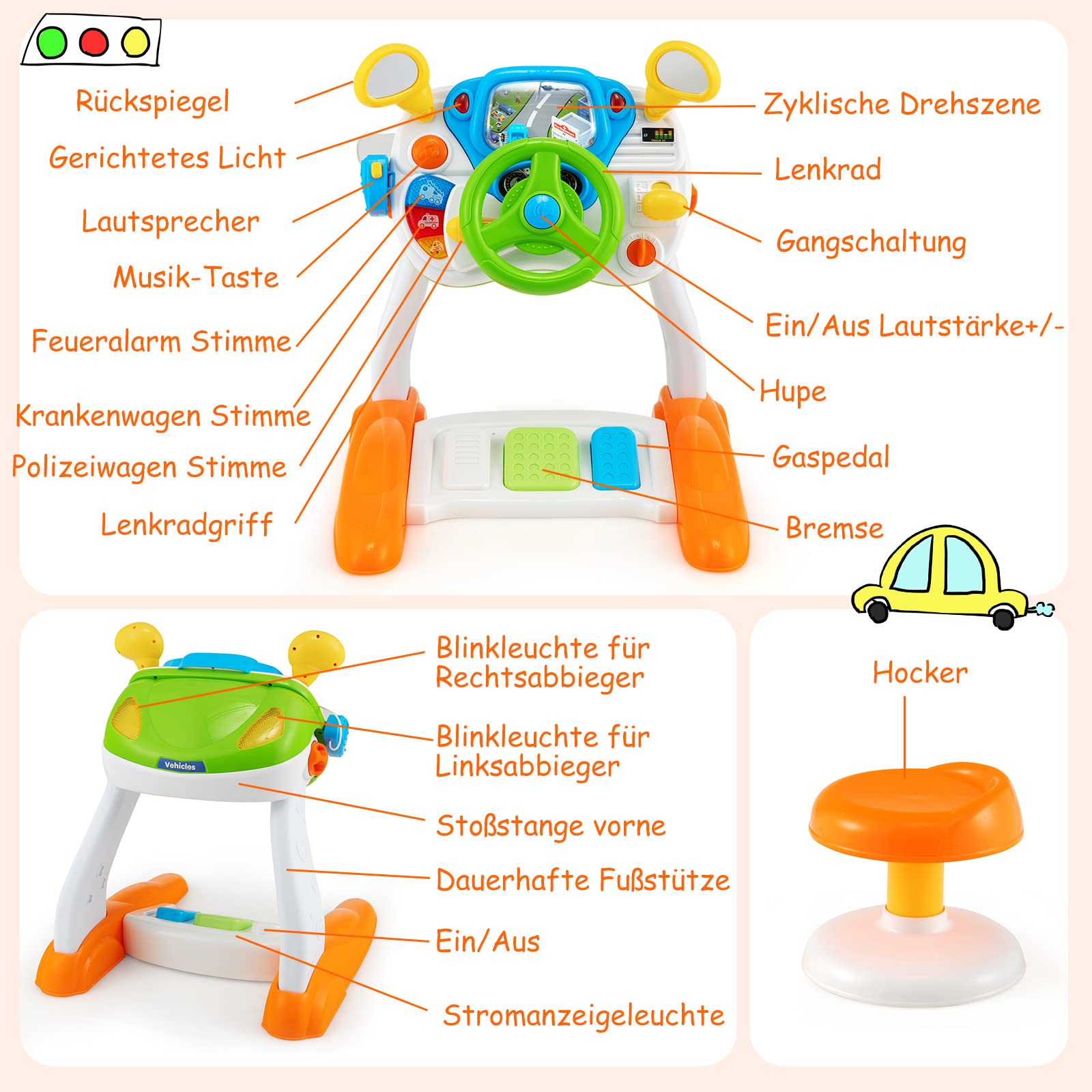 DREAMADE Musikspielzeug zum Cockpit-Thema, Spielzeug Kinder ab 3 Jahre, Lenkrad-Spielzeug mit zyklischer Drehszene, Musik, Sirenengeräuschen & Lichtern