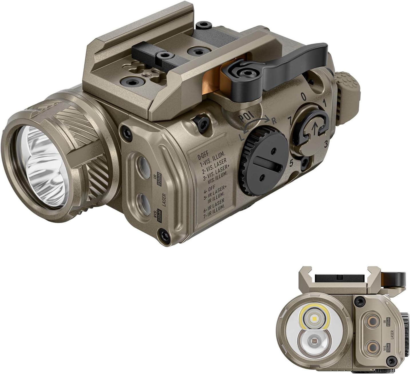 RovyVon Gl4 Pro+ 4-in-1 Green Beam, IR Beam, IR Illuminator, 400 Lumen White Light, 2X Replaceable Battery Included, Class 3R Green Beam, Less Than 5mW, Made of 7075 Aluminum Alloy(Desert Tan)