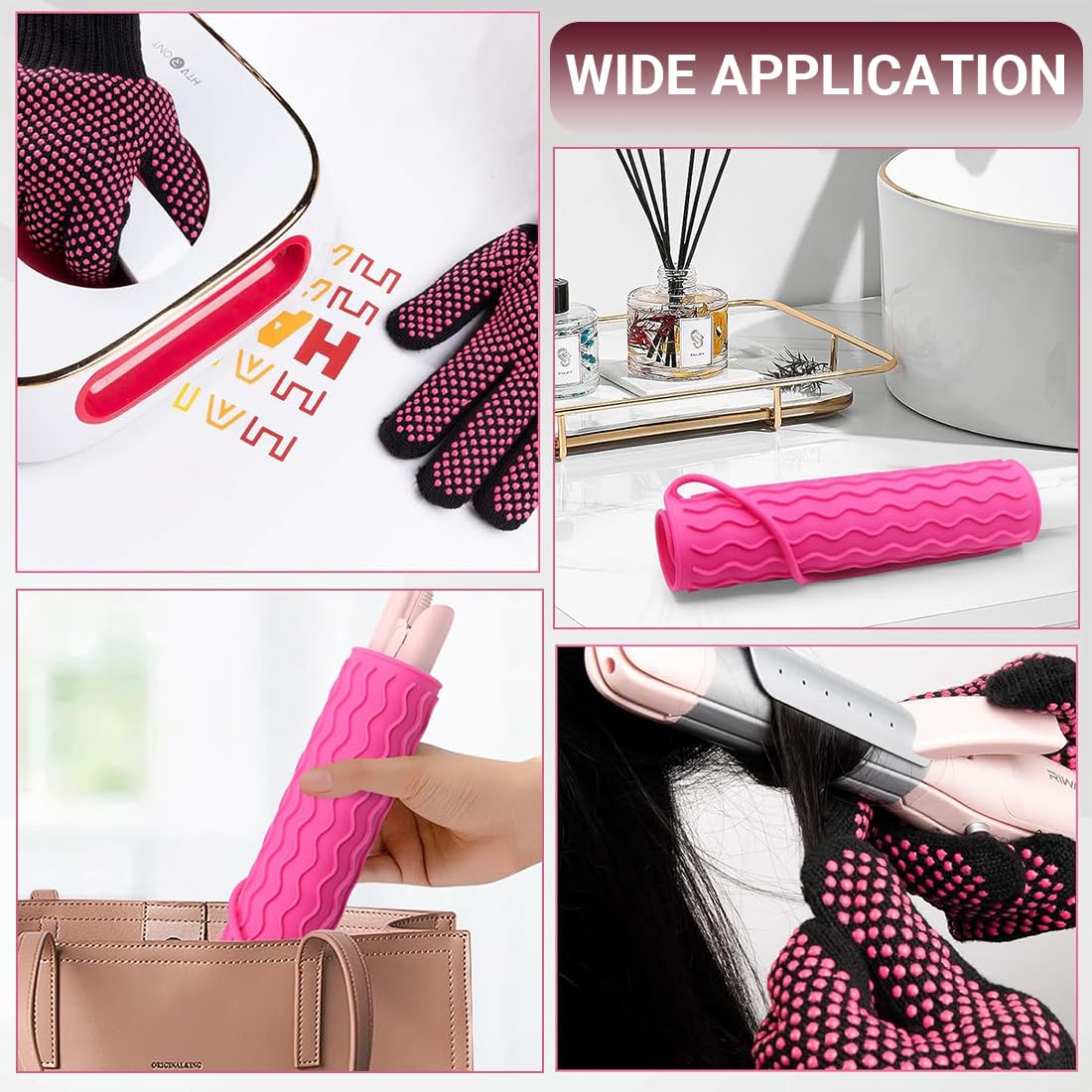 2 Pcs Gants Anti Chaleur et 1 Coussin Anti-brûlure, Gants de Protection pour Coiffure, Rose