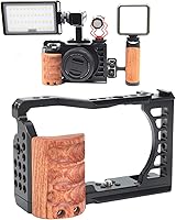 Vista 5 de Vlog - Jaula para cámara A7C, kit de estabilizador de video para cámara con mango de madera, con orificio de tornillo de 14 y 38 pulgadas y montaje