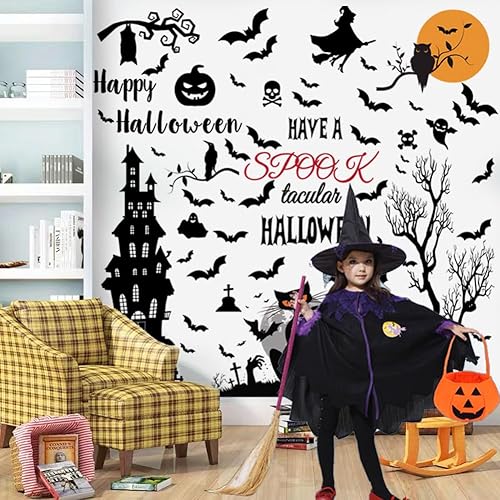 Miniatura 4 de Calcomanías de pared de Halloween, decoración de pared de murciélagos, castillo antiguo, decoración de pared de Halloween para ventana, hogar,