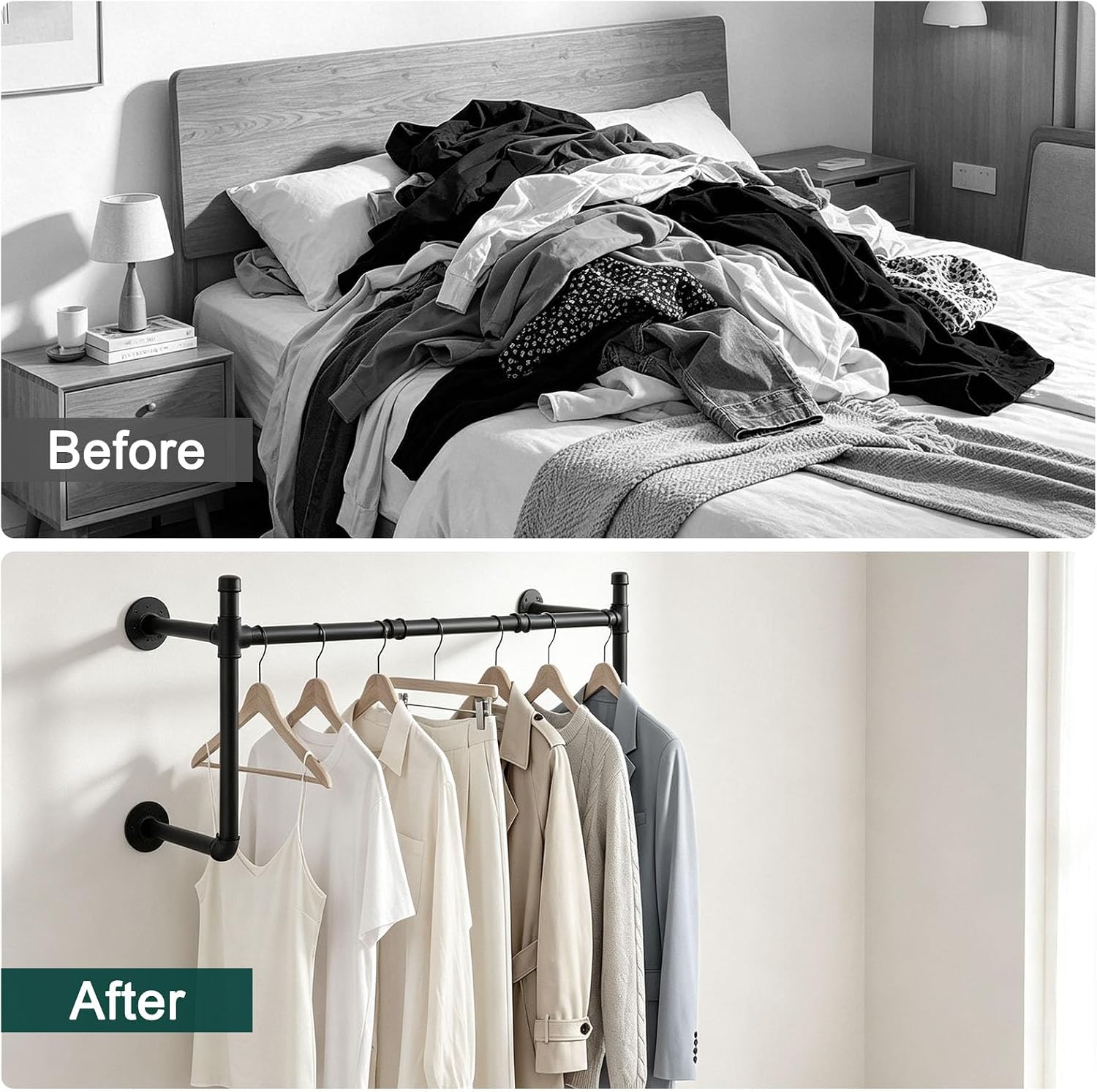 Industrial Pipe Clothes Rack, Wall Mounted Iron Garment Rack, Heavy Duty Space-Saving Clothing Bar, Multi-Purpose Hanging Rod for Bedroom, Laundry Room and Closet Storage, Black，36 Inches