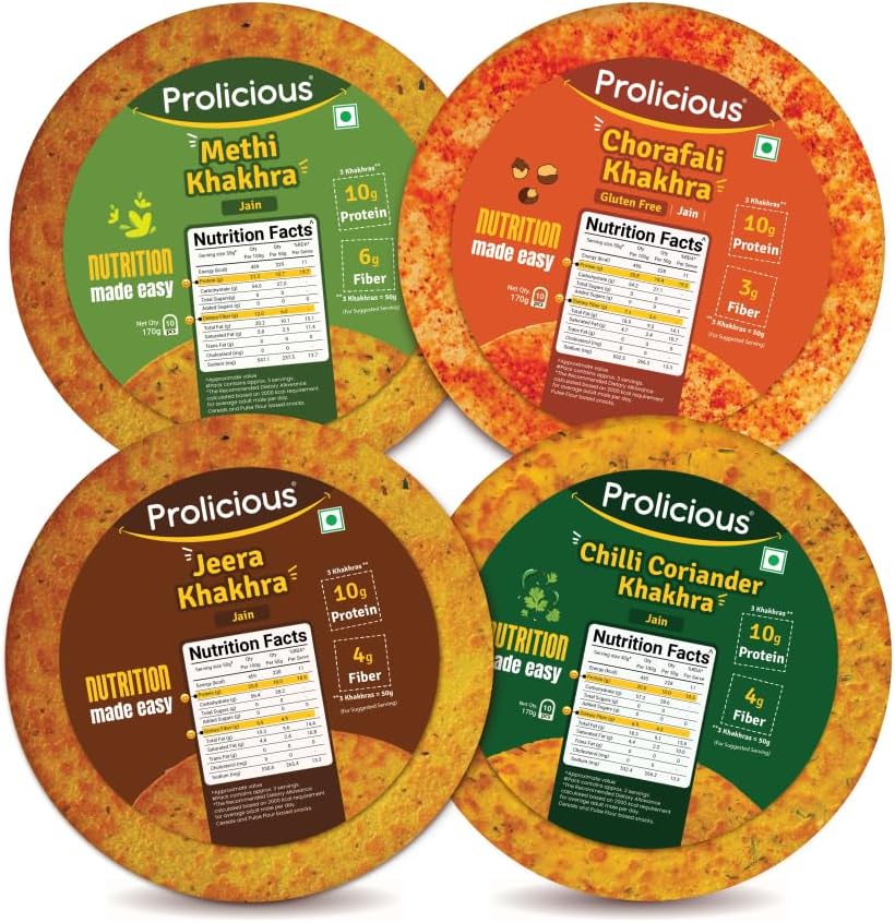 Prolicious Jain Khakra Combo Gluten Free Chorafali Khakra Methi Khakra Jeera Khakra Chilli Coriander Khakra Evening Snacks – 170 Grams Each (Pack of 4)