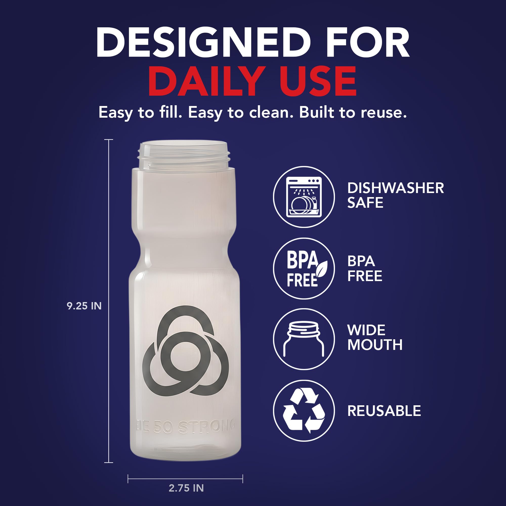 50 Strong Botellas de agua a granel | Paquete de 24 botellas deportivas | 22 onzas | Sin BPA fácil de abrir con tapa superior | Fabricadas en Estados Unidos | Botellas de agua de plástico