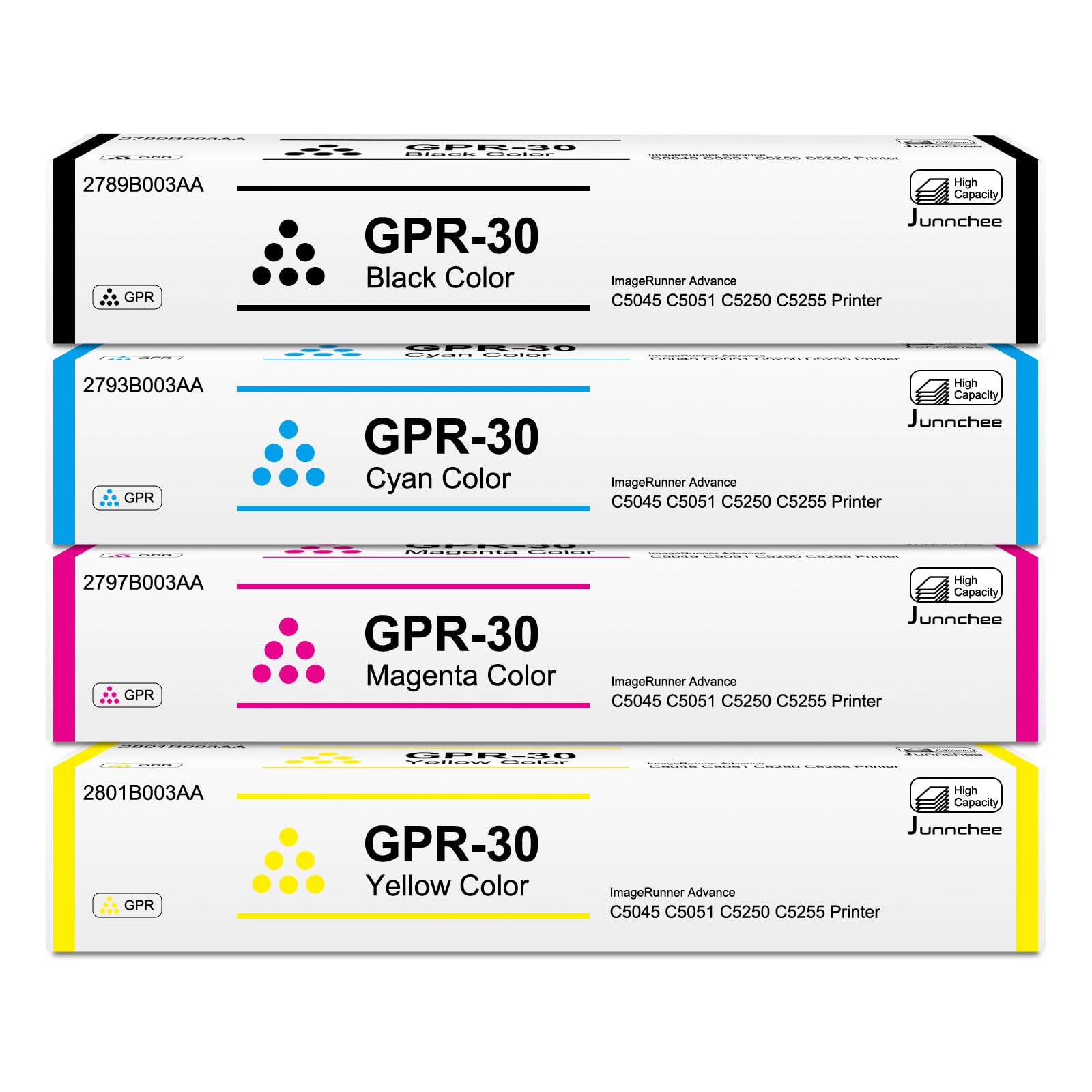 Junnchee GPR-30 GPR30 Black Cyan Magenta Yellow Toner Cartridges Replacement for Canon GPR 30 2789B003AA 2793B003AA 2797B003AA 2801B003AA for