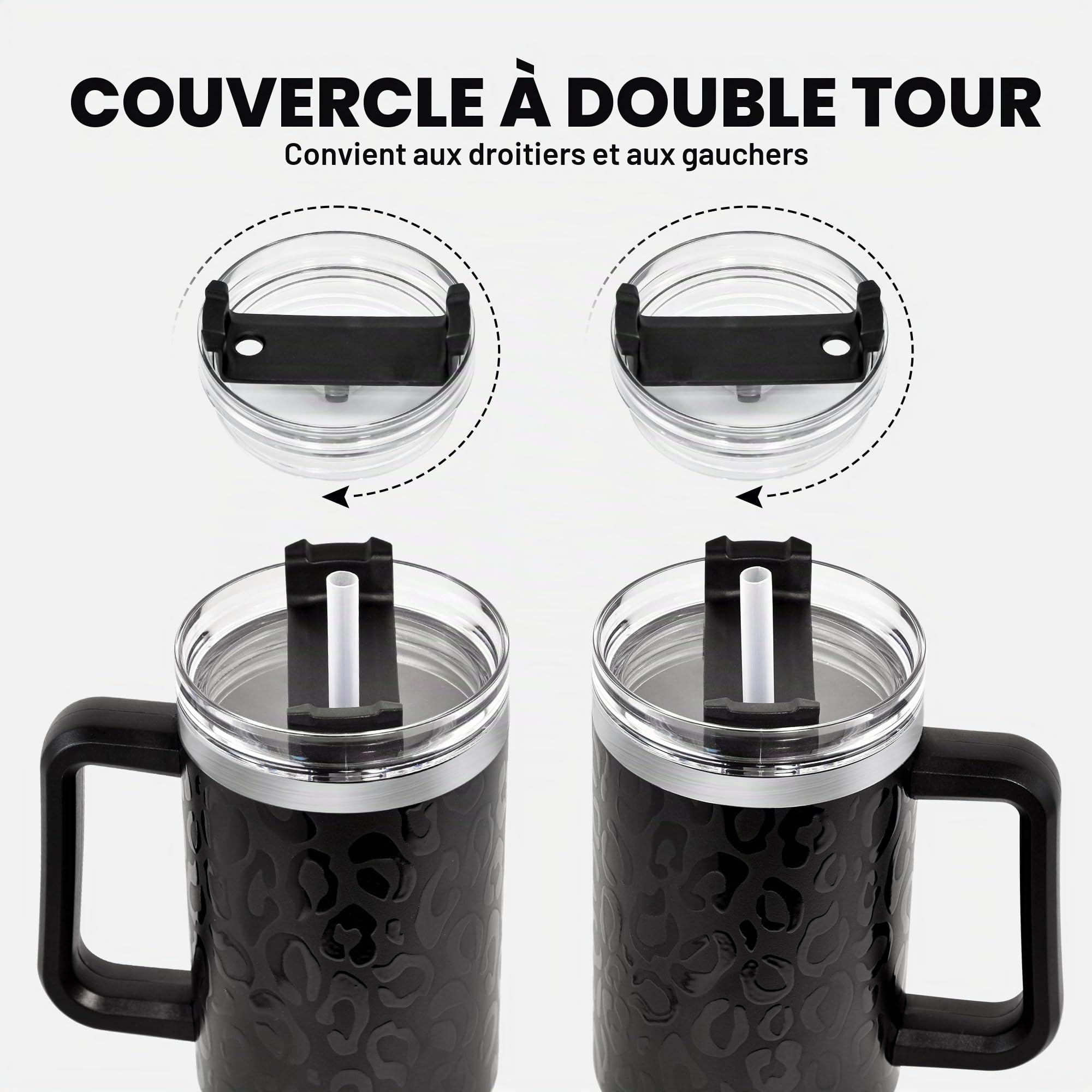 Mug Isotherme avec Paille et Poignée 1.2L, Tasse Isotherme 100% Anti-fuite, 34 Heures Froid, 12 Heures Chaud, Gobelet en Acier Inoxydable, Léopard Tout Noir