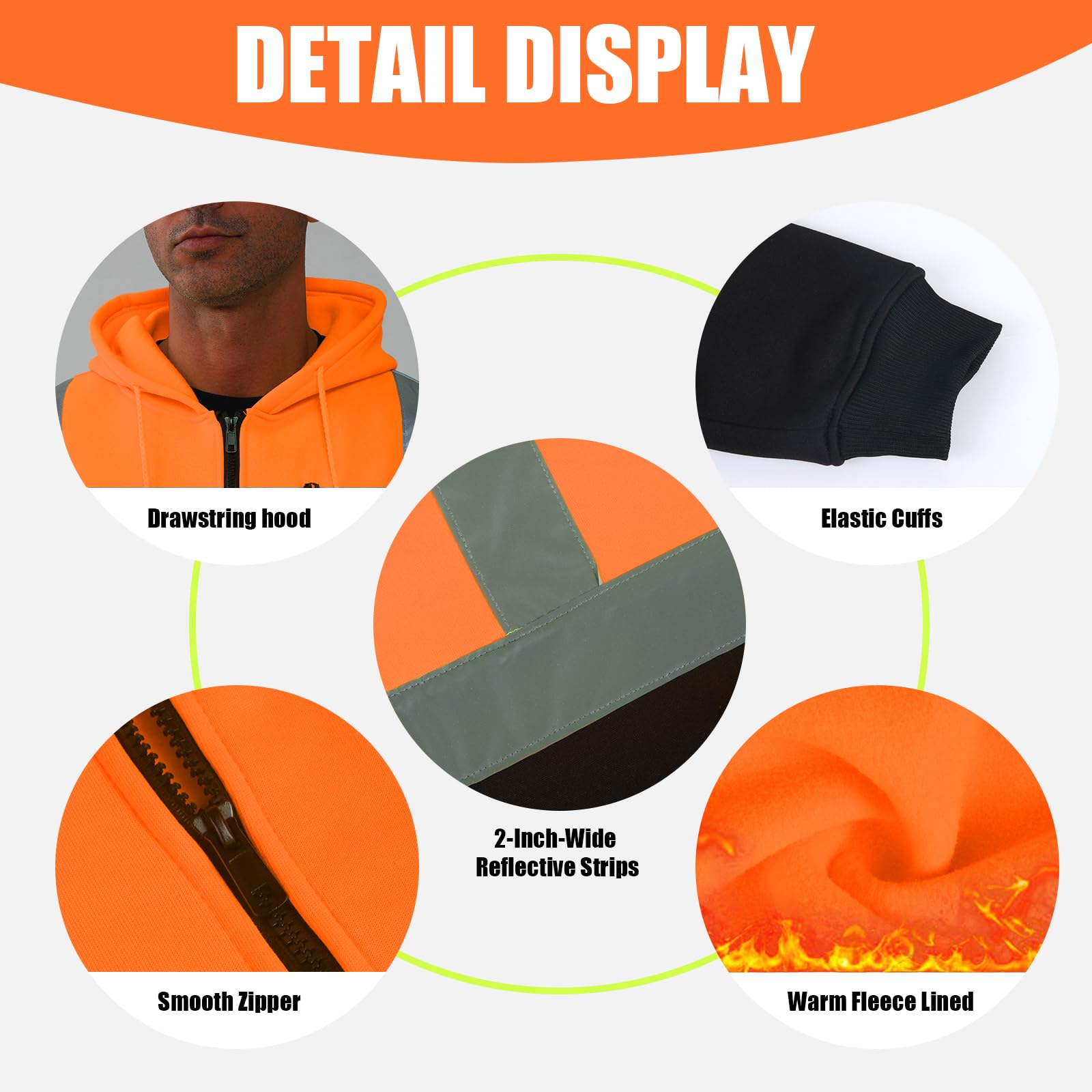 HYCOPROT Felpa ad Alta visibilità per Uomo Hi Vis Viz Felpa con Cappuccio di Sicurezza Felpa Leggera Giacca da Lavoro Riflettente Tasche Cappotto di Sicurezza con Cerniera e Coulisse EN ISO 20471