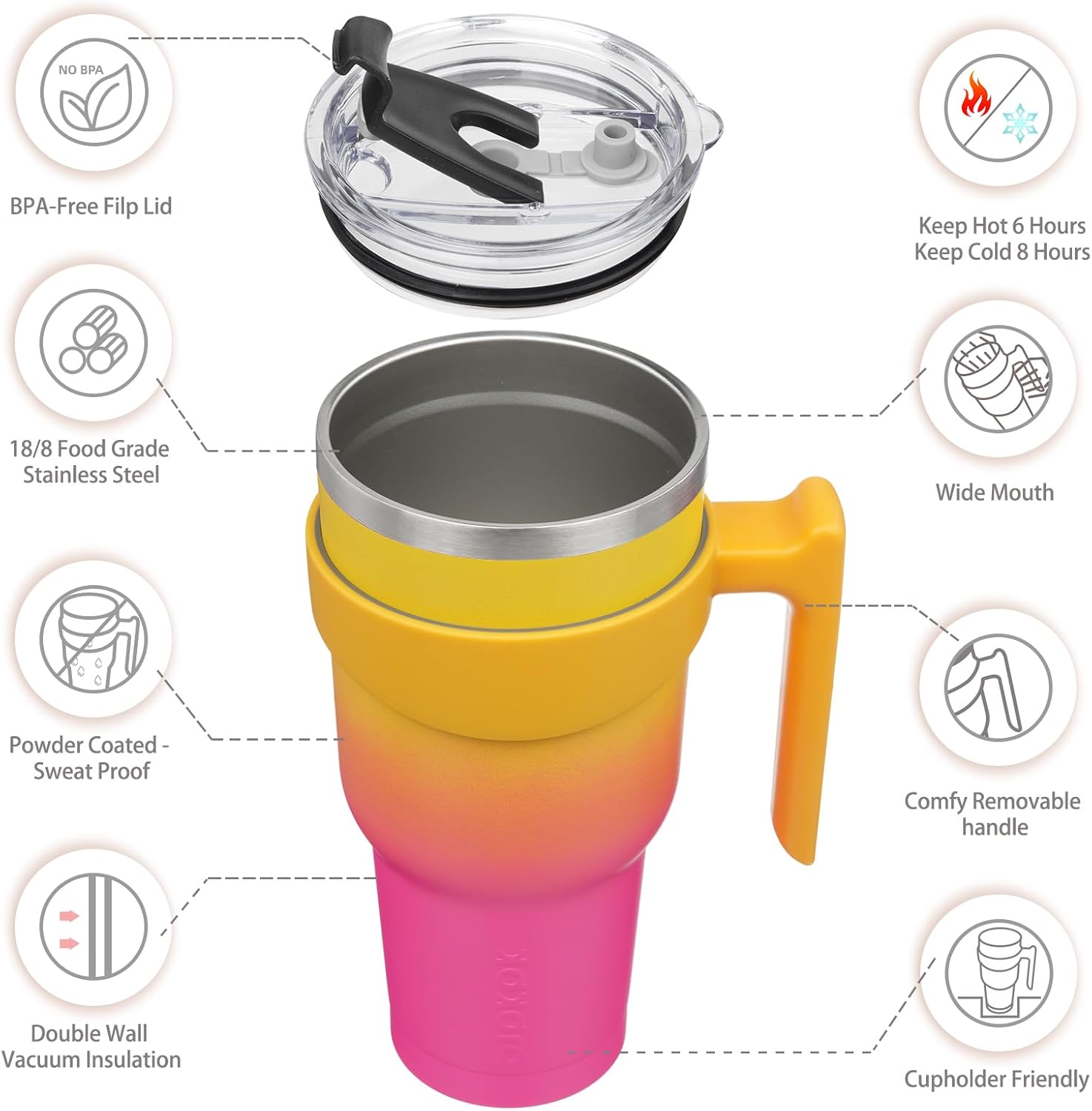 BJPKPK 40 oz Tumbler With Handle Stainless Steel Insulated Tumbler With Lid And Straw Travel Coffee Cups For Women And Men,Pink Yellow Rose - Image 2