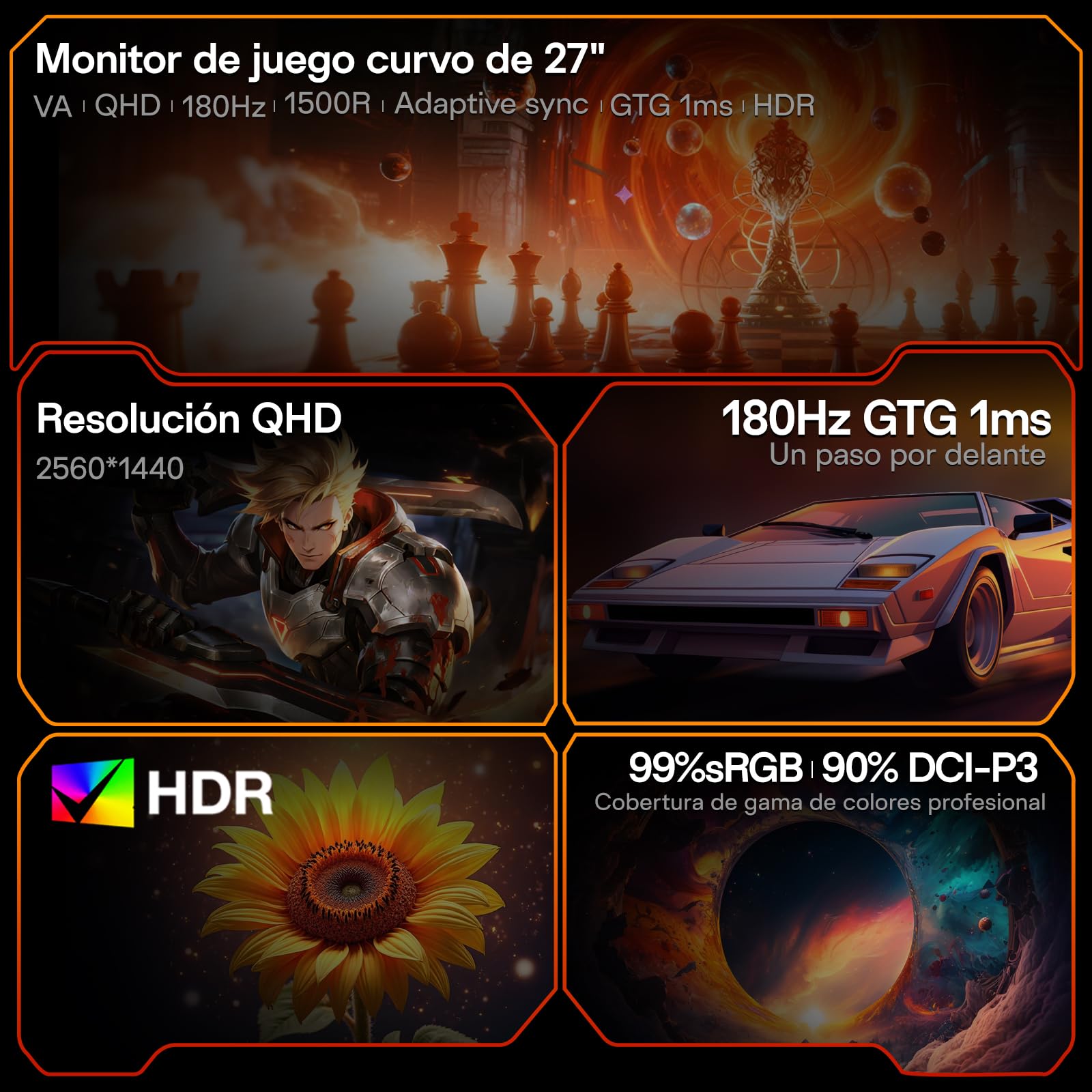 KOORUI Monitor para Juegos QHD de 27 Pulgadas (2560 x 1440) | Pantalla de 180 Hz | 1 ms | Sincronización adaptativa | Cable HDMI y DP | Compatible con VESA
