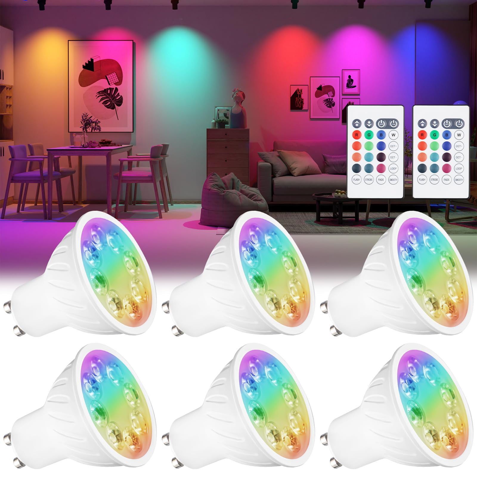 Bombillas LED GU10 con cambio de color, 12 multicolor 5W 100-240VAC, RGB+CCT blanco cálido para luz diurna fría, con mando a distancia, equivalente a 35 vatios, de no regulables 6 piezas