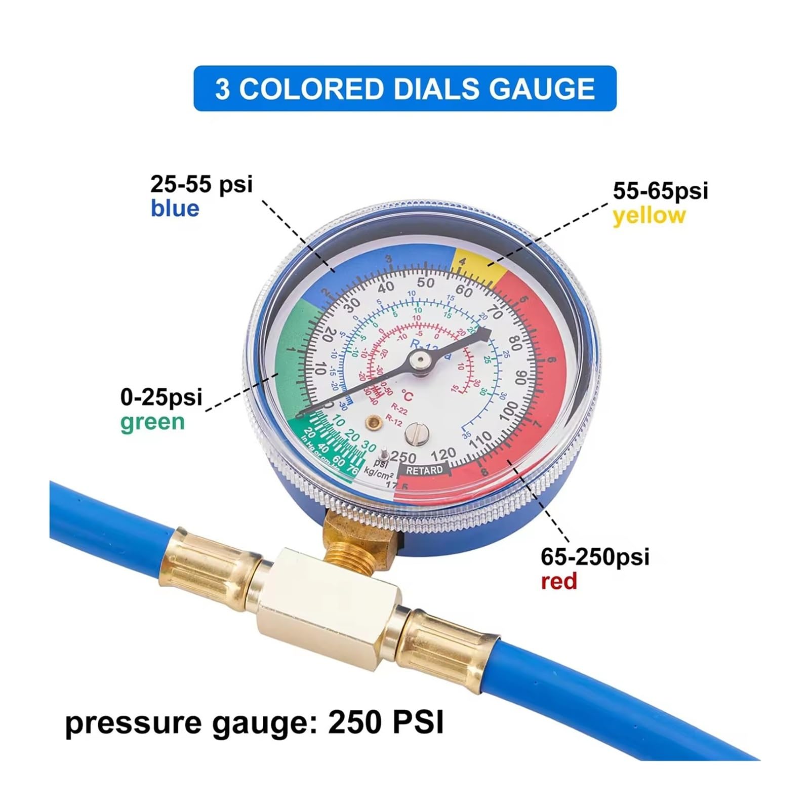 Manguera de medición de Recarga de Aire Acondicionado R134A de CA con manómetro, Kit de medición de presión, reparación también(Style E 3pcs)
