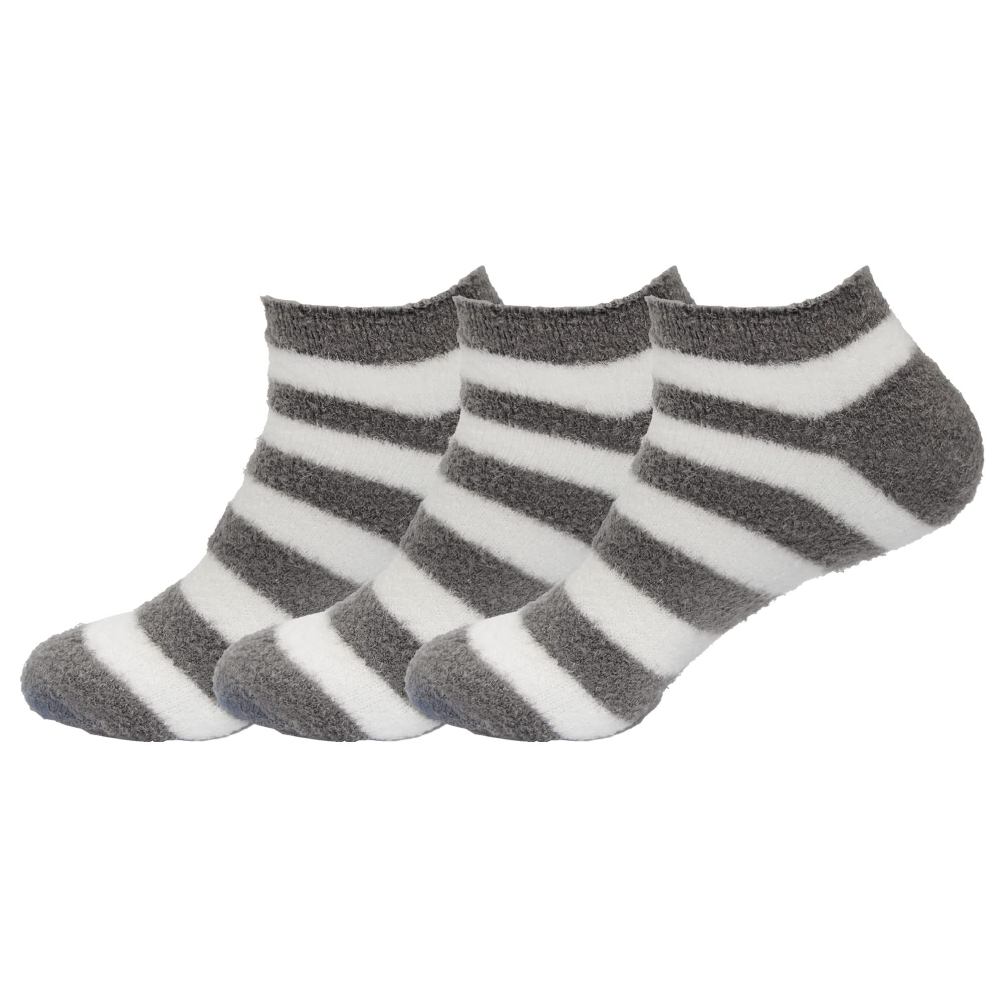 BambooMN Women's Super Soft Aloe Infused Fuzzy Nylon Spa Socks - Size 4-8 - Grey Stripes - 3 Pairs