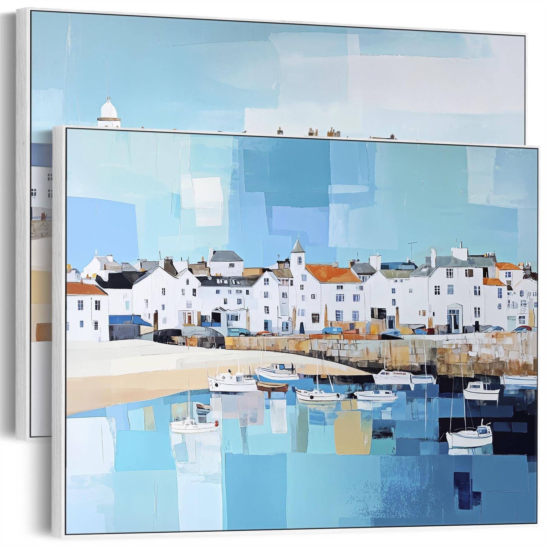 Wallfillers Huge Oversized Framed Wall Art - Cornish Harbour Set of 2 Canvases in Blue (253cm x 97cm)