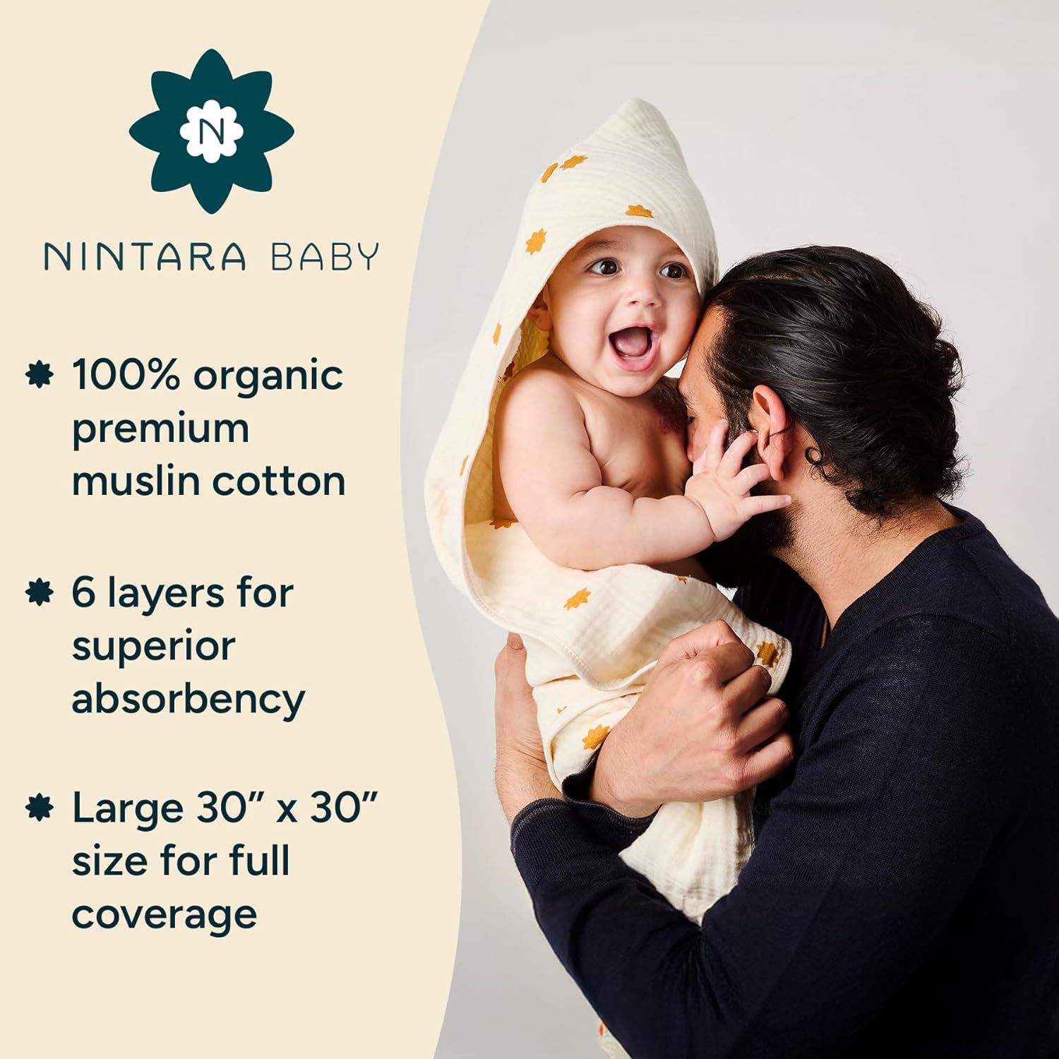 Hands-Free Hooded Towel - 100% Organic Premium Muslin Cotton, 30" x 30", Ultra-Absorbent, Soft, Breathable, Hypoallergenic, Multipurpose, Gifts for Babies & Infants, Pack of 2