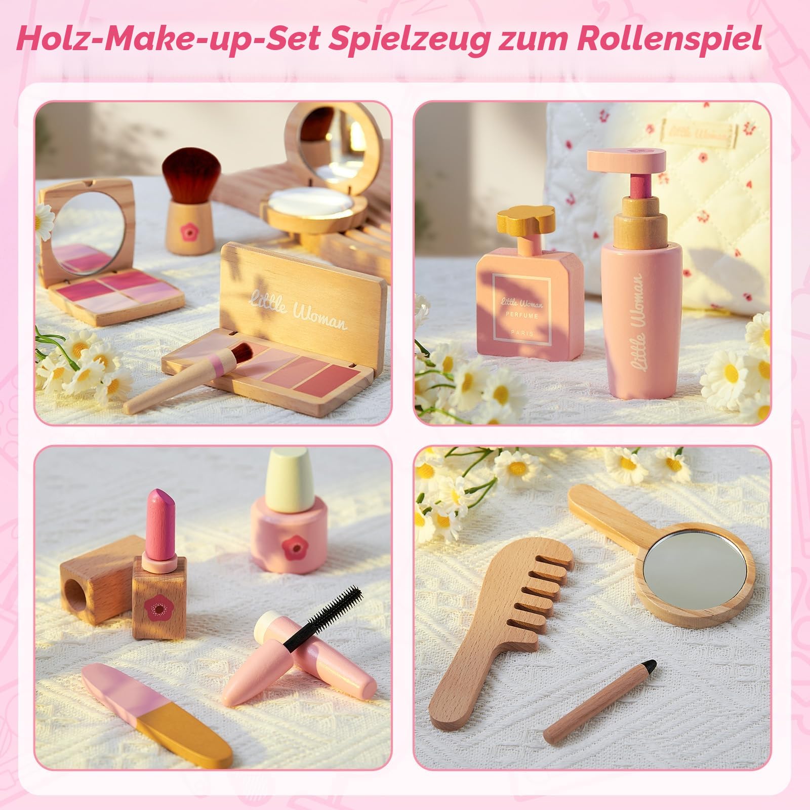 Atoylink Holz Kinderschminke Set Mädchen Kinder Schminke Makeup Spielzeug Rollenspiel Beauty Set Schminkkoffer Schminkset Holzspielzeug Weihnachten Geburtstags Geschenk für Mädchen ab 3 4 5 6 7 Jahre