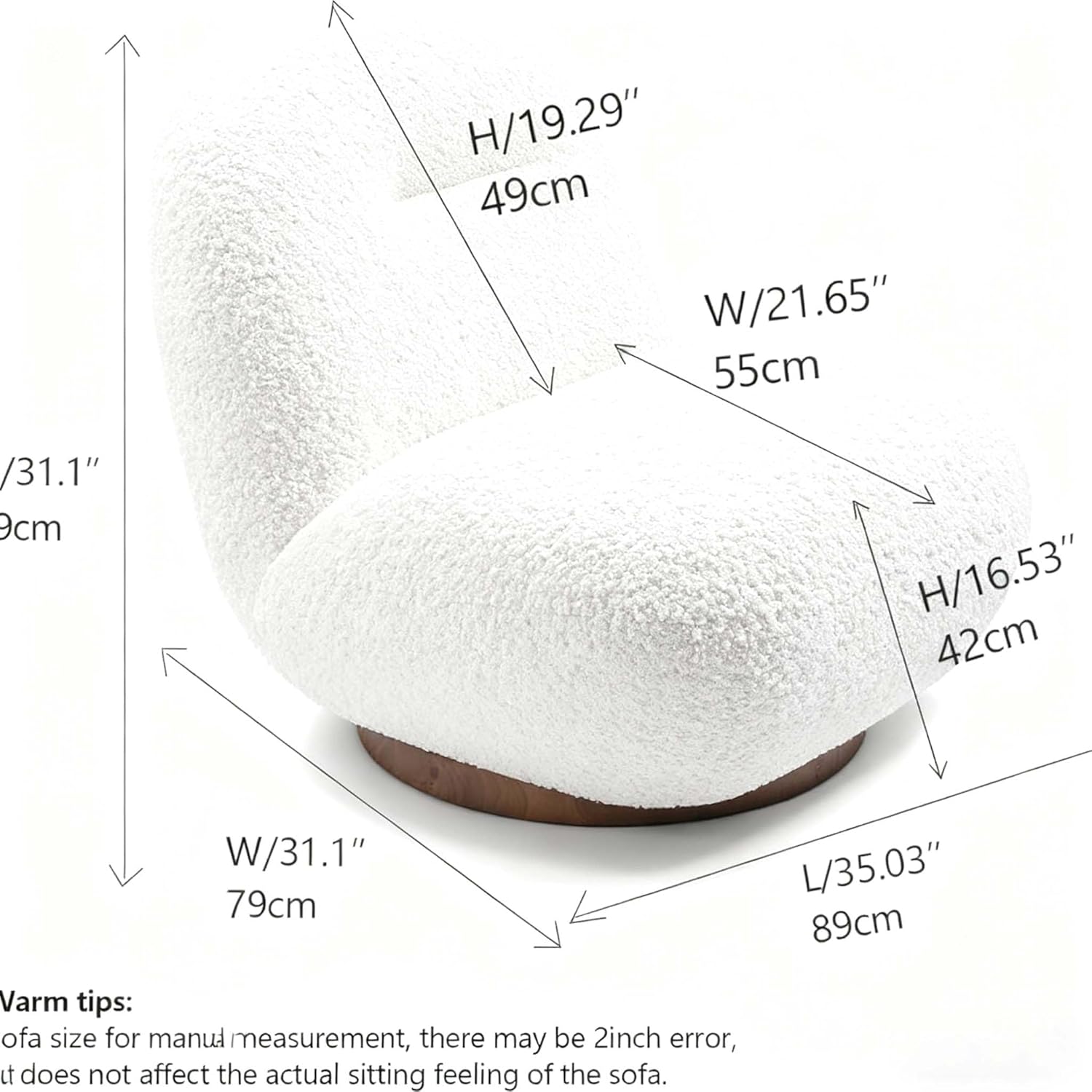 31" White Swivel Accent Chair -Lazy Chair Living Room Boucle Fleece Swivel Chair/Armless Chairs for Apartments,Lounge,Reception Upholstered Modern Minimalist Style Installation-Free