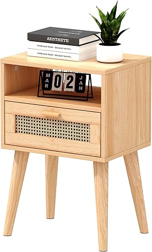 Osfvolr Mesita de noche de ratán con cajón y almacenamiento abierto mesita de noche con patas de madera maciza mesa auxiliar de granja para sala de