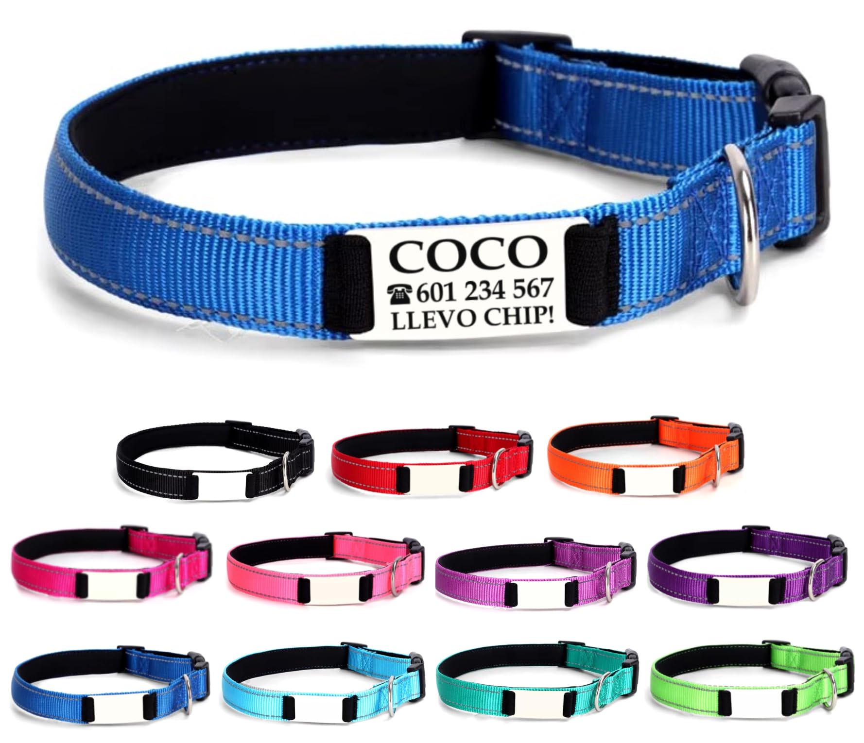 Ibera gifts - Collar Perro Personalizado con Nombre para Mascotas Pequeñas, Collar Gato Personalizado, Reflectante, Ajustable De 25 a 40 cm, Grabado Láser, Seguro y Cómodo (Azul, S pequeño)