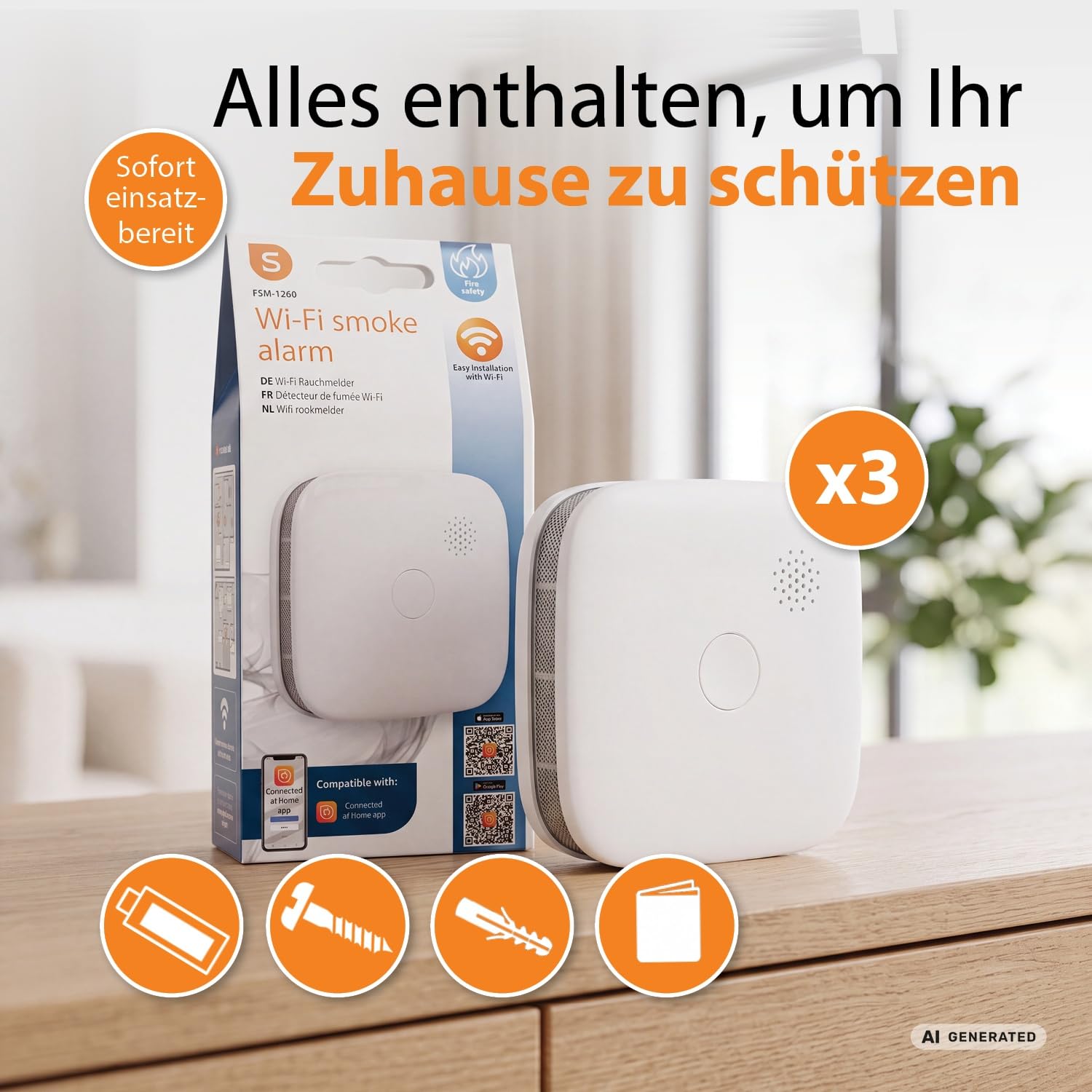 Smartwares Dreierpack vernetzte Rauchmelder von Smartwares – Kostenlose App – 85 dB – Entspricht der Norm EN-14604 – Austauschbare Batterien – LED-Anzeigen – FSM-12603