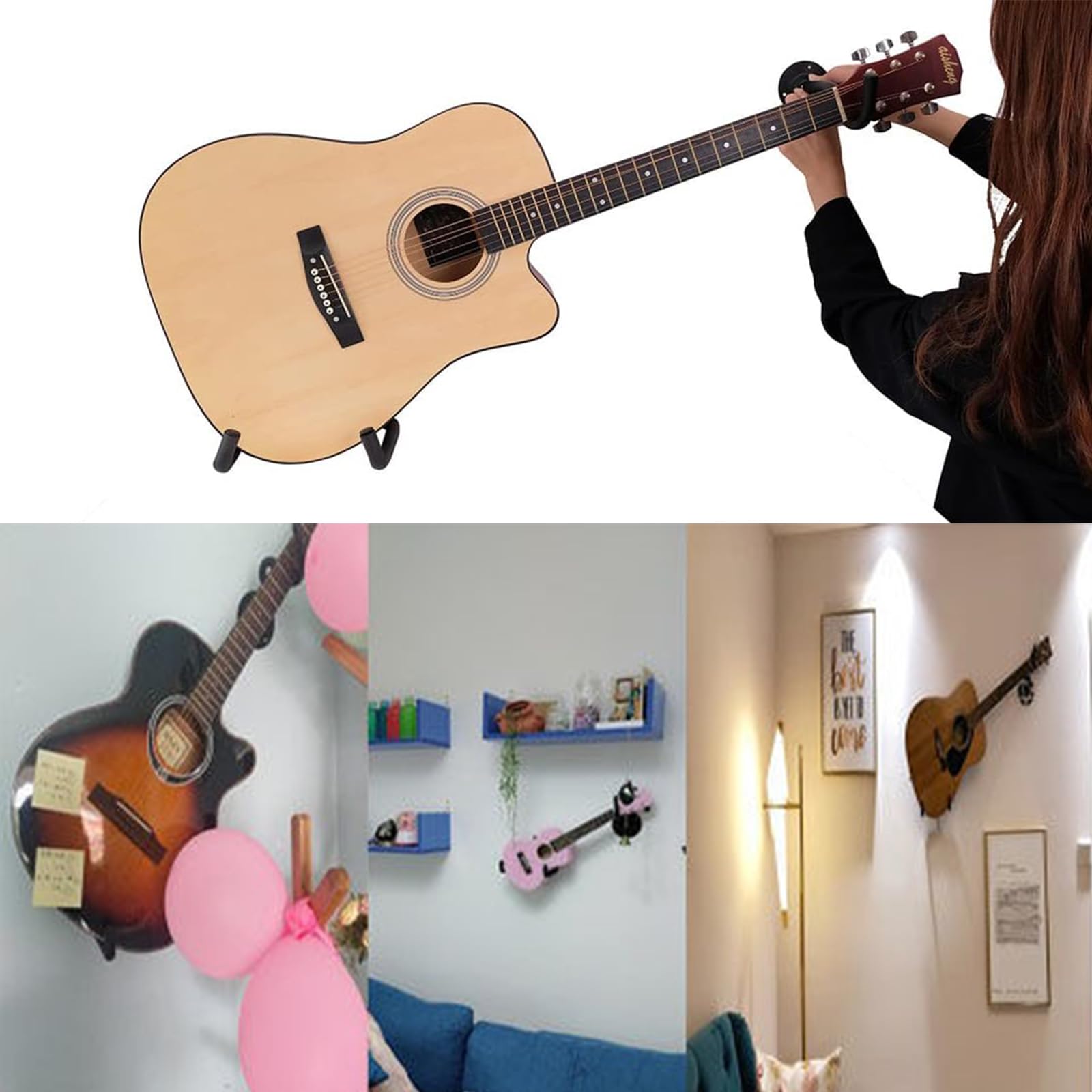 2 sztuki wieszaków na gitarę, uchwyt ścienny, ukośny uchwyt na gitarę, na ścianę, ukośny, do gitary akustycznej, gitary klasycznej, gitary elektrycznej, basowej, ukulele, 2 sztuki