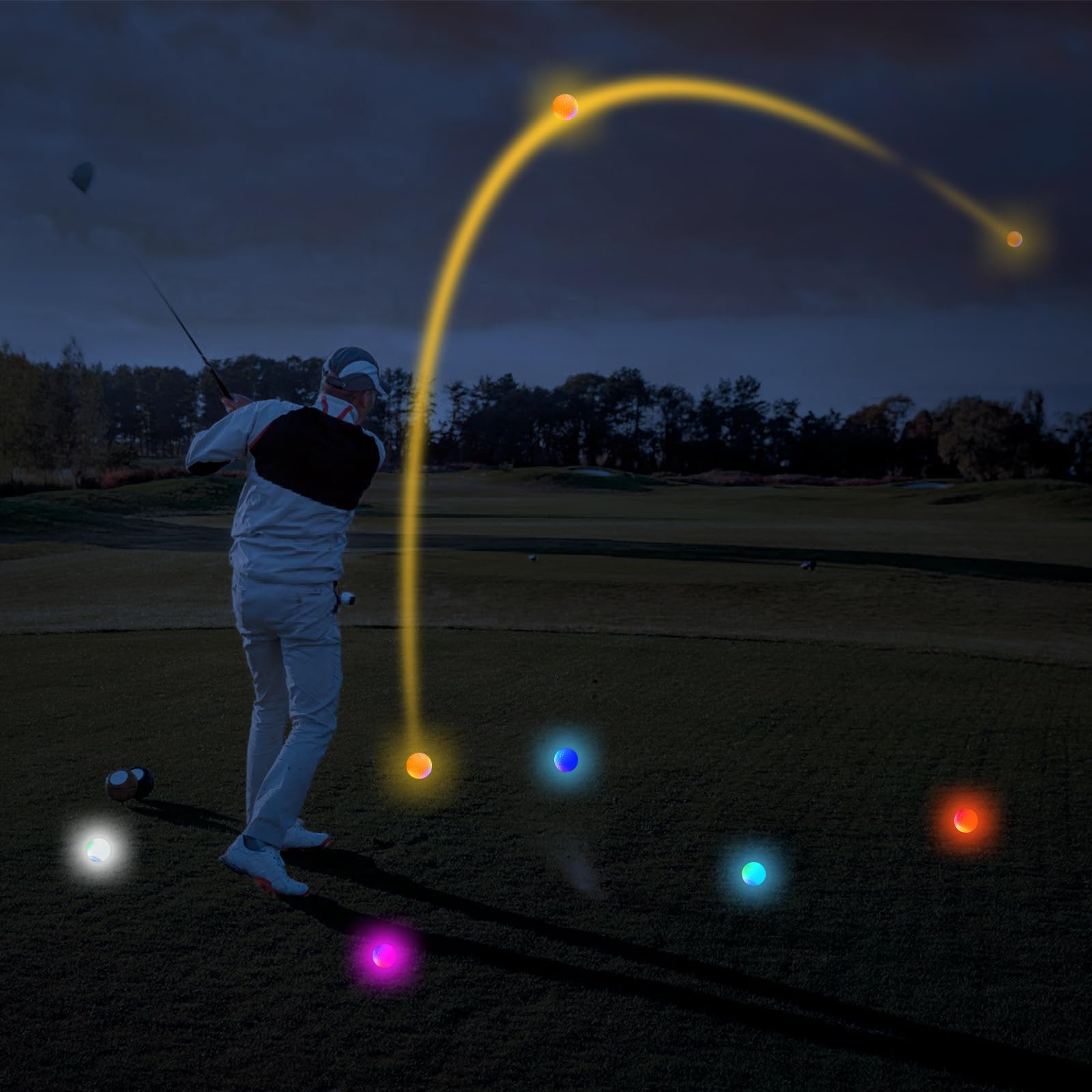 PORFOYO 6 pelotas de golf luminosas nocturnas reutilizables entrenamiento larga distancia rojo amarillo verde azul blanco rosa