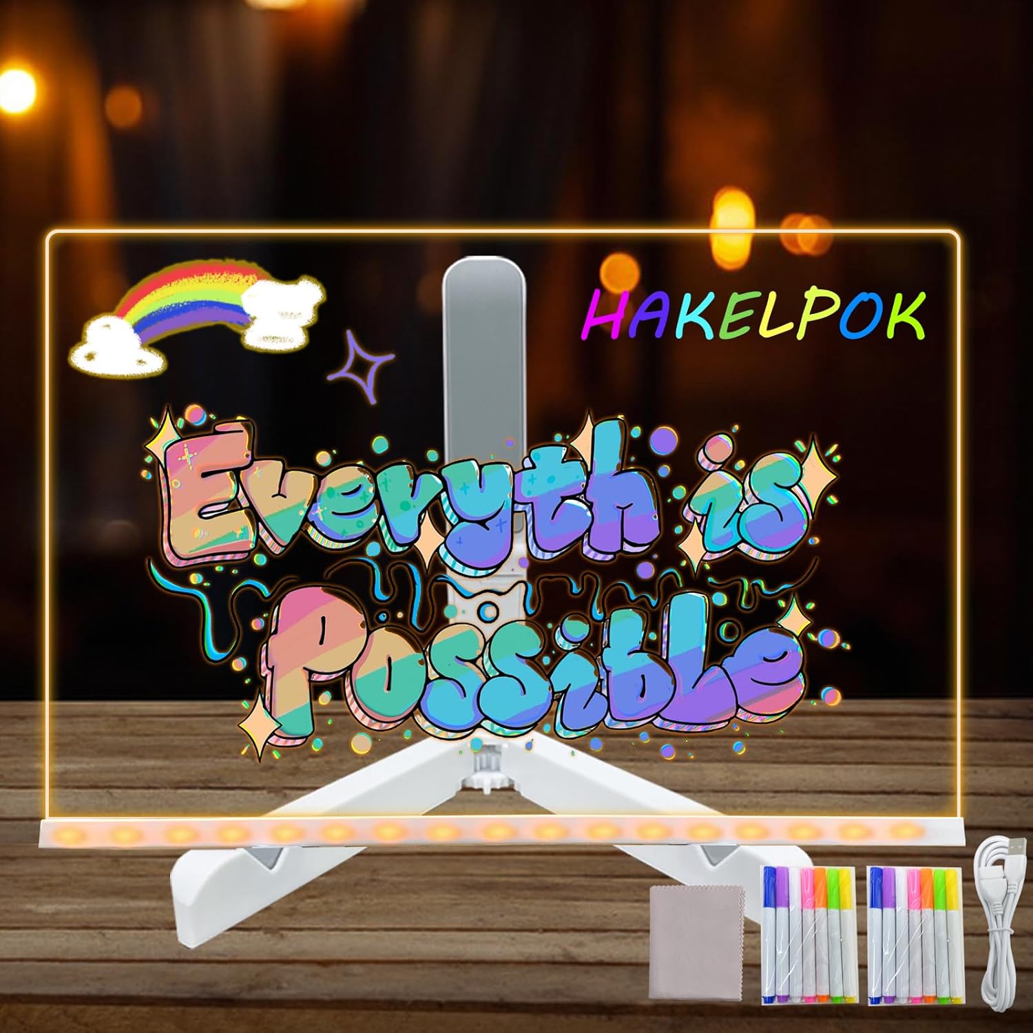HAKELPOK Acrylic Dry Erase Board with Light, 11.8 X 7.9” Led Note Board with Colors