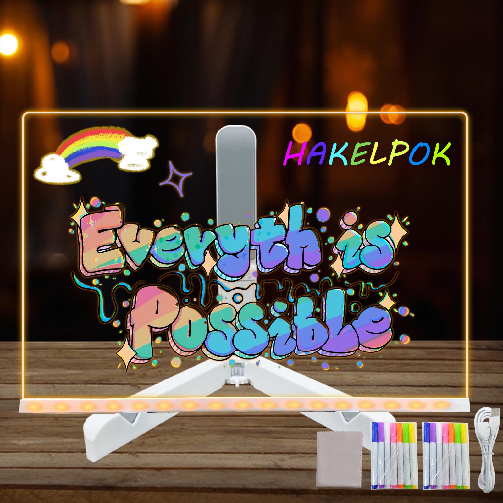 HAKELPOK Acrylic Dry Erase Board with Light, 11.8 X 7.9” Led Note Board with Colors, Light Up Dry Erase Board with Adjustable Stand, Led Board White Board with 14 Pen for Office School Home