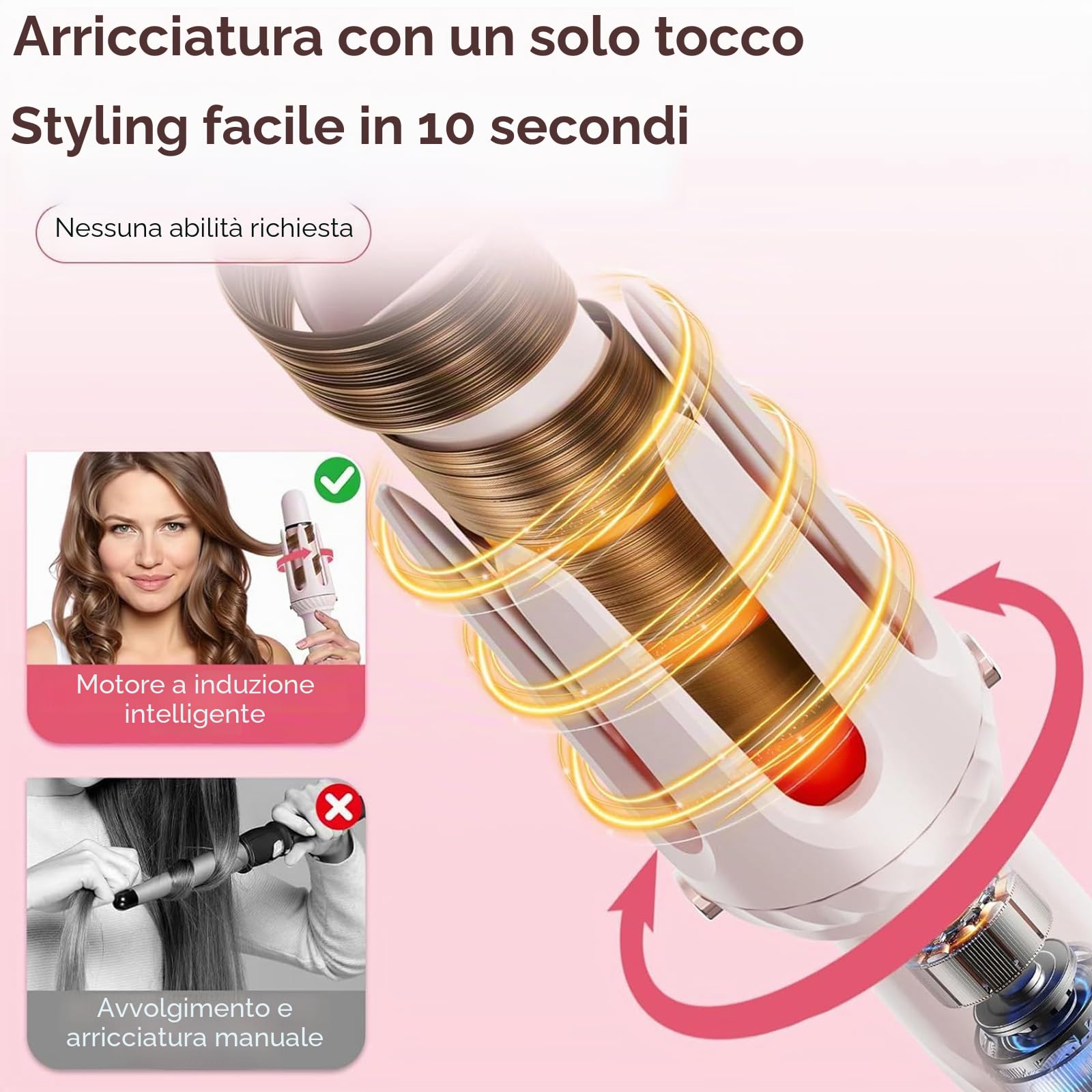 Ferro arricciacapelli automatico 3 in 1 rosa, rivestimento in ceramica ghiacciata, riscaldamento rapido 30 s, 5 temperature (160 ° C-200 °C), spegnimento auto 40 min, allarme acustico, rosa