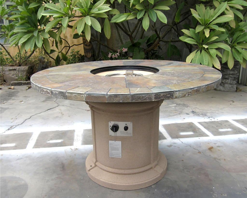 Outdoor Slate Fire Pit Outdoor Dining Table Propane Firepit (Tan Base)