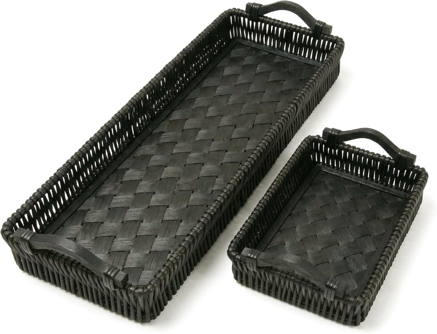 Handwoven Willow Tray Set, 2-Piece Extra-Long & Medium Trays with Color-Matched Wood Bases & Handles – Coffee Table, Ottoman, Console Organizer & Centerpiece