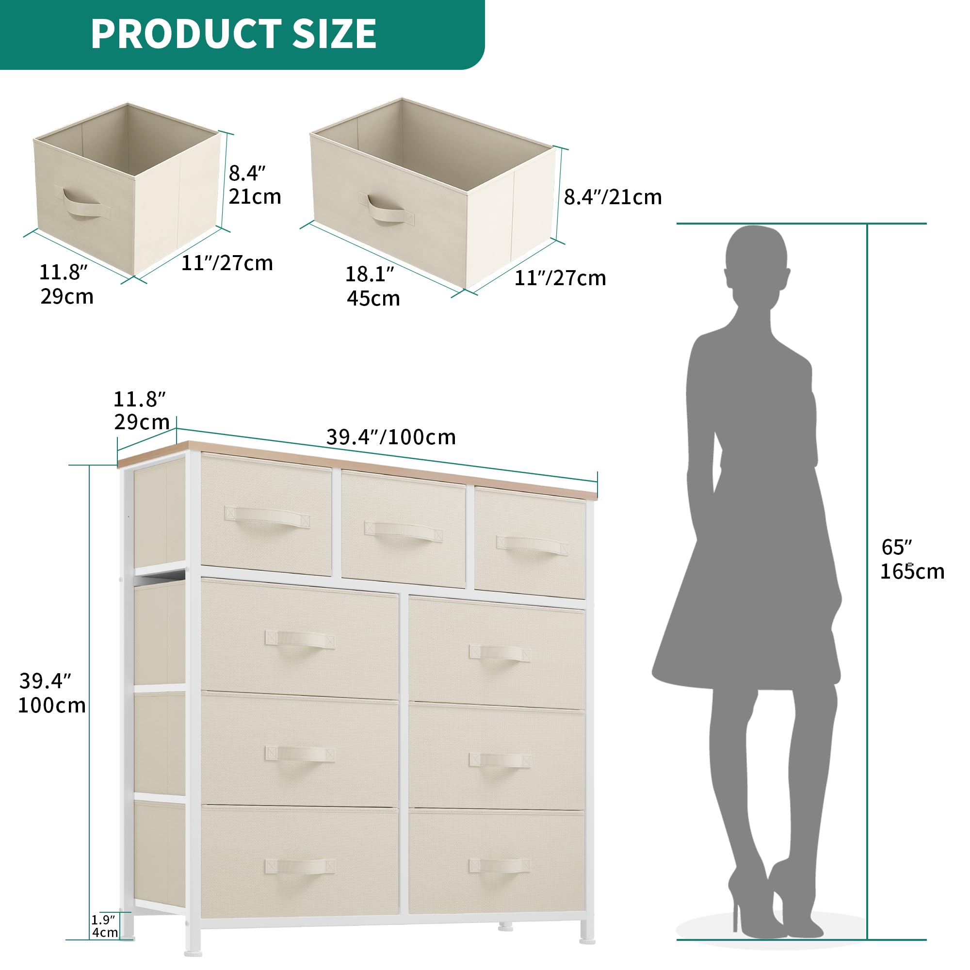 YITAHOME Kommode, 9 Stoffschubladen mit Griffen, Aufbewahrungsschrank, Schubladenschrank, Schrank, Metallgestell, stoffkommode für Schlafzimmer, für Wohnzimmer, Flur, Büro, cremeweiß