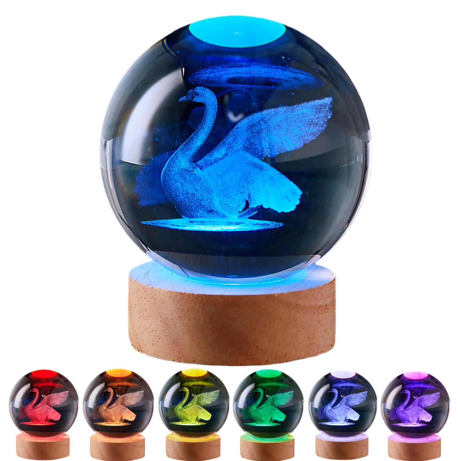 LGY3DLight 3D Swan Crystal Ball Lamp with Remote Control, 3.15 inch Goose Crystal Night Light with Wooden Base 16 Colors Change, Glass Figurine Lamp Gift for Girls Boys Wife Girlfriend Mom (Swan)