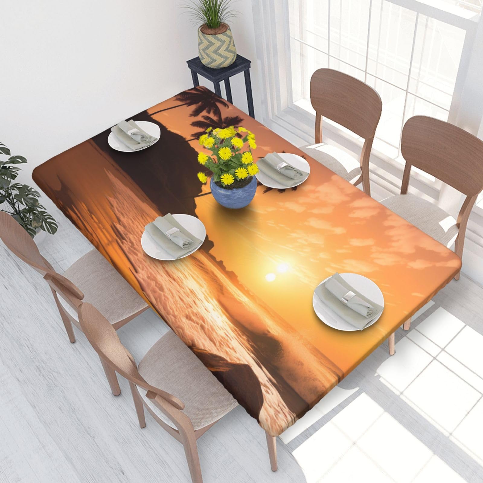 Dcarsetcv Beach Sunset Printed 4Ft Waterproof Tablecloth With Elastic Edged Protect & Decor Your Table, Oil-Proof Washable Table Cloth Cover For Dinner Picnic Party