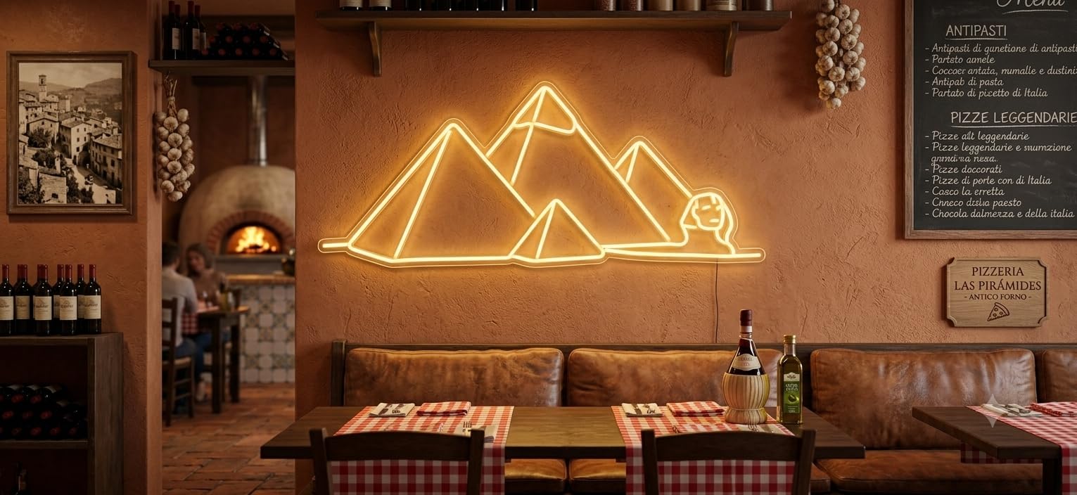 Letrero CARTEL PIRAMIDES RESTAURANTE LED NEON Escaparate, Decoración de Pared en Metacrilato, Luz Brillante, aproximadamente 70cm aproximadamente alimentación 12v