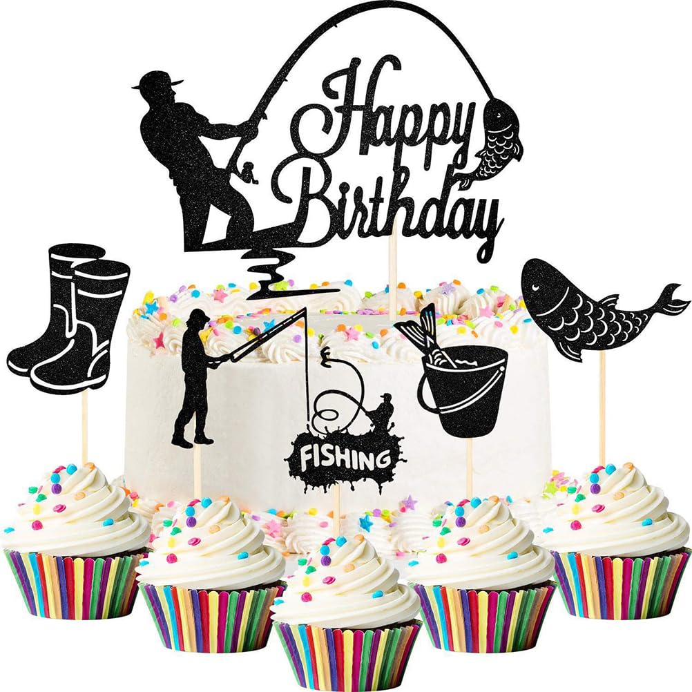 Topper per torta di buon compleanno a tema pescatore, decorazione per feste di buon compleanno a tema pescatore, per uomini, papà, amanti della pesca (nero