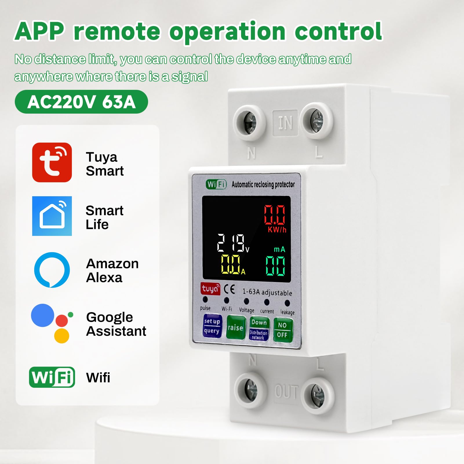 63A Disjoncteur différentiel Wifi Interrupteur protecteur de surtension compteur electrique 2P 220V AC Auto réinitialisation La surtension/sous-tension et la surintensité peuvent être réglées.