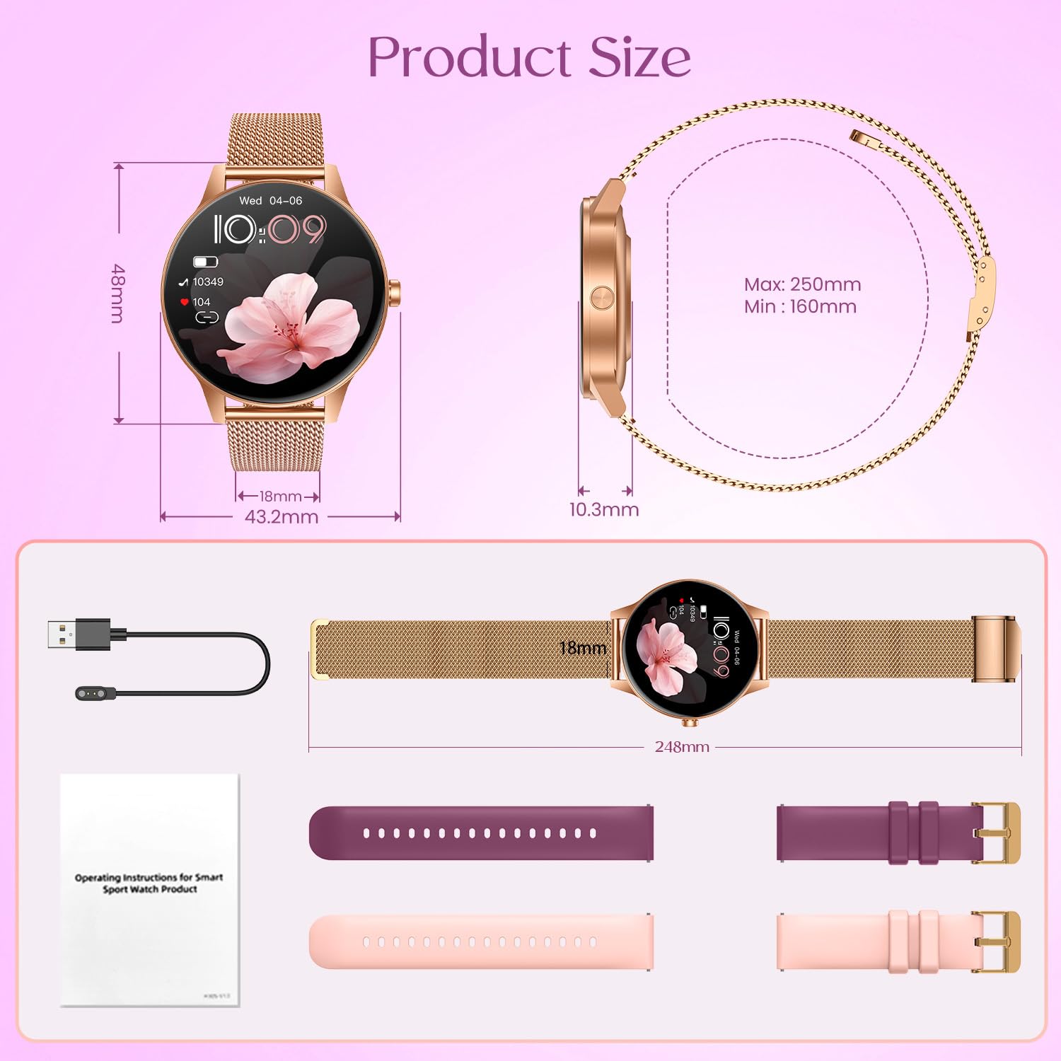 Montre Connectée Femme avec Appel Bluetooth: 1.27" Smartwatch avec Fonction Féminine Cardiofréquencemètre SpO2 Sommeil Montre 100+ Mode Sport Montre IP68 Fitness Podomètre Compatible pour Android iOS