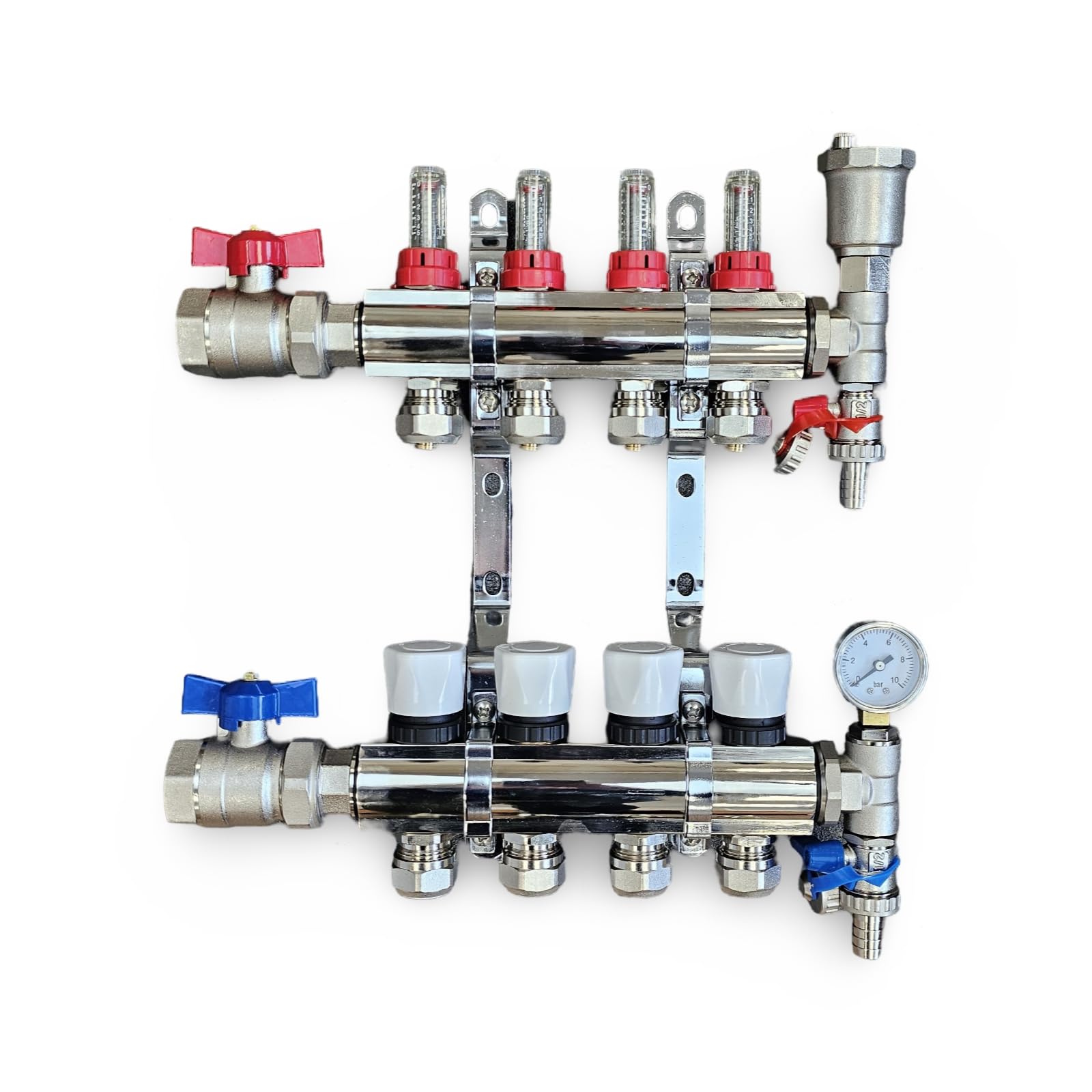 Water Underfloor Heating 4 Ports Complete Manifold with Pipe Connections, Main Isolating Ball Valves, Automatic Air Vent End Unit, Pressure Gauge End Unit, Filling Drain Off Valve (16mm eurocone)