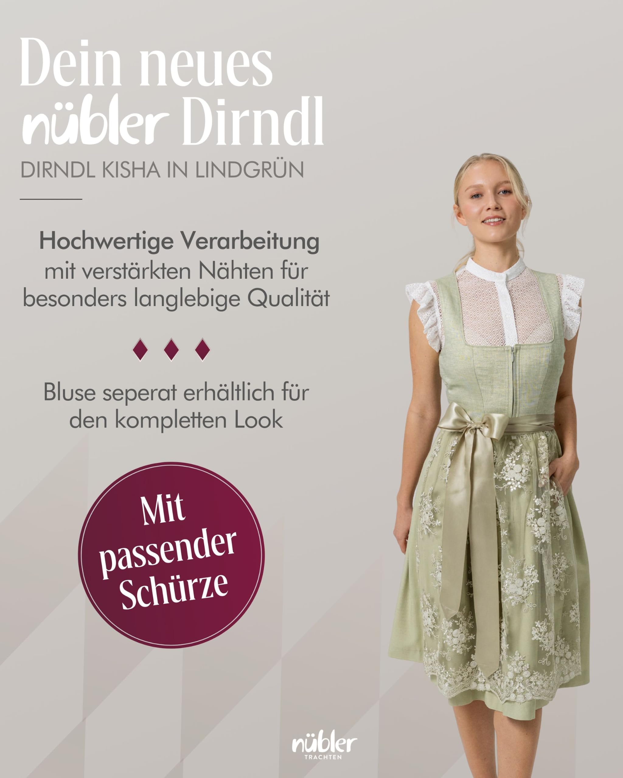 Nübler Dirndl mini Damen - 2 teilig inkl. Kleid und Dirndl Schürze, Rocklänge 58cm - Moderne bayrische Tracht, Kisha Lindgrün