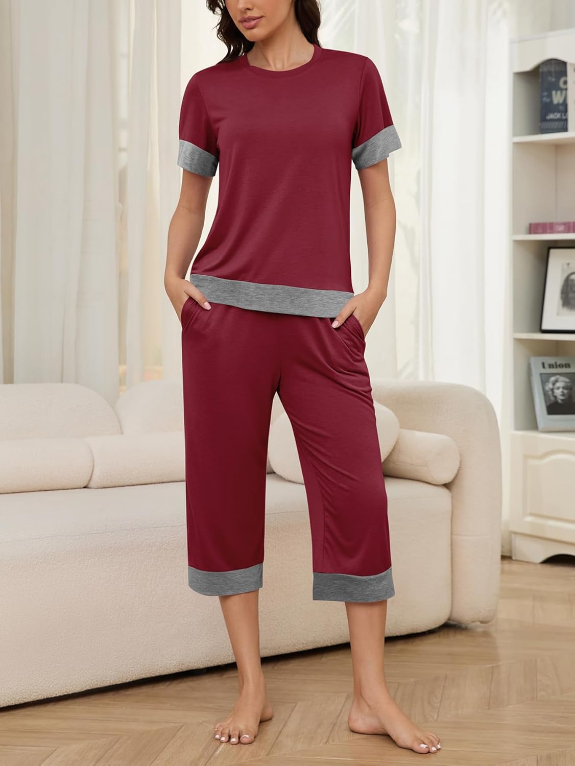 HONG HUI Women's Pajama Set Sleepwear Tops with Capri Pants Casual and Fun Prints Pajama Sets - Image 3