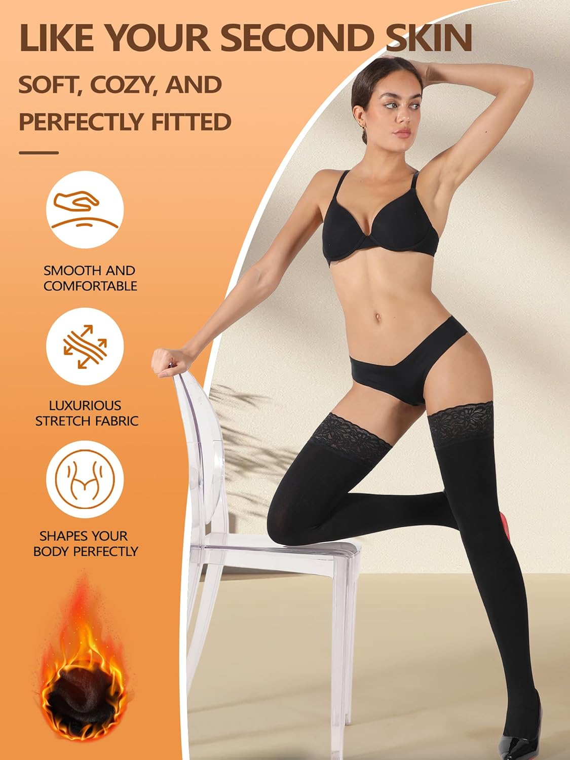 DORALLURE Fleece Lined Thigh High Stockings for Women Opaque Lace Top Thermal Pantyhose Tights - Image 4