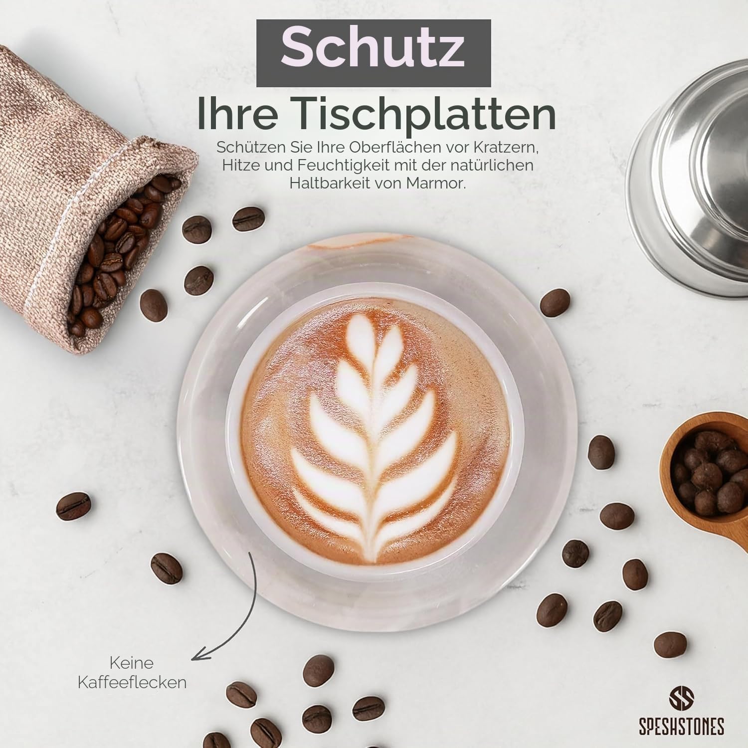 SPESHSTONES Set mit 6 runden Untersetzern 8,9 cm, aus Marmor und weißem Onyx inklusive Halterung, ideal für Cafés, Bars, als Geschenk, für Esstische und als Dekoration für Zuhause
