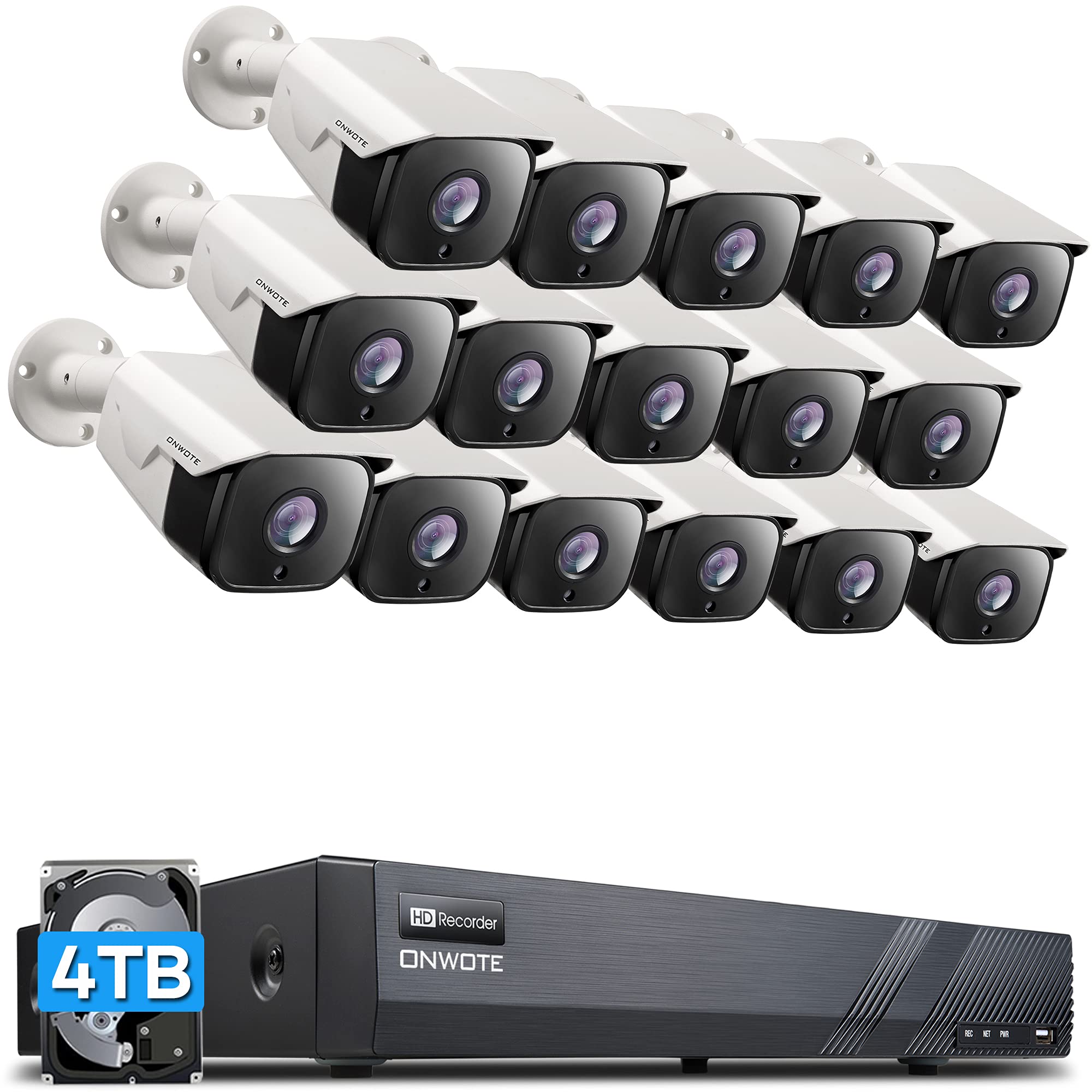ONWOTE 16 Channel 25921944P PoE IP Security Camera System, 16CH H.265 NVR 4TB HDD, Power-Over-Ethernet, (16) 5MP Wired Out...