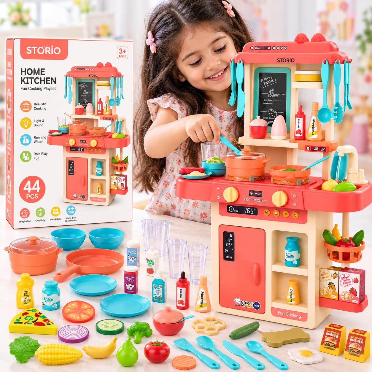 Storio Kitchen Set for Girls, 44-Piece Kids Kitchen Set with Steam | 44-piece kitchen playset with gas sound, lights, running water and steam for immersive pretend cooking