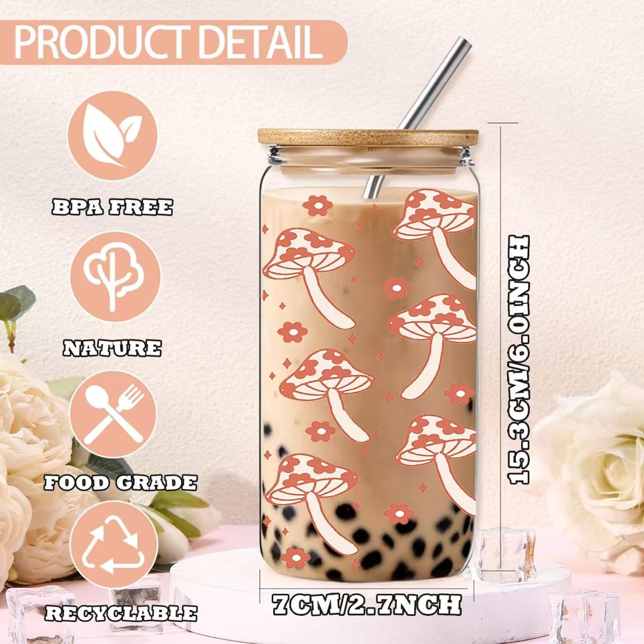 Mushrooms Gifts for Women, 16 oz Mushroom Glass Cups with Lids Straws, Mushroom Themed Gift,Birthday Gift for Moms & Best Friends Who Love Mushrooms - Image 2